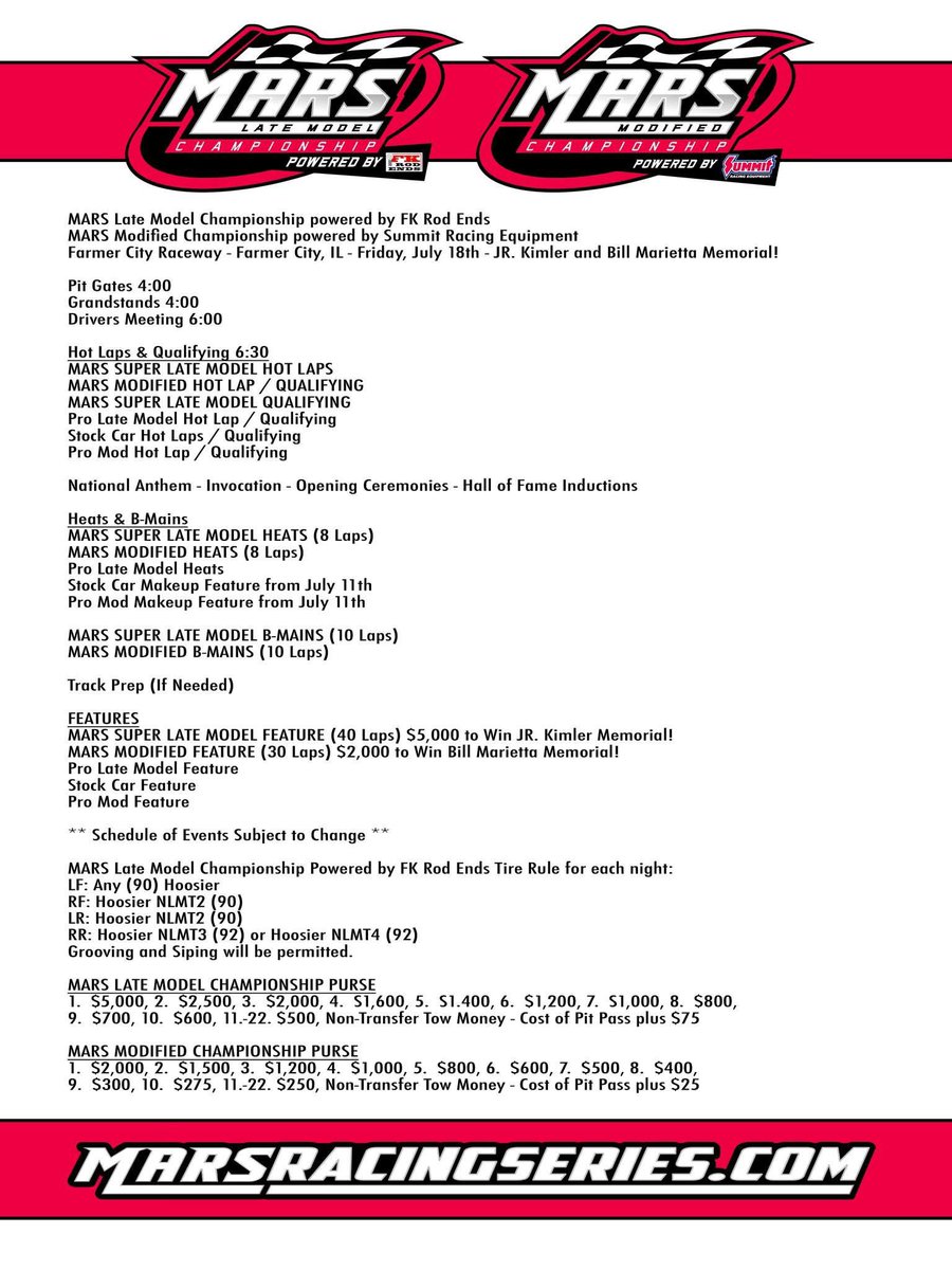 MARS Championship Series (@marsdirtracing) on Twitter photo For the first time in 48 days it is RACE DAY for the MARS Late Model Championship Powered by <a href="/FKrodends/">Team FK</a> and the MARS Modified Championship Powered by <a href="/SummitRacing/">summitracing</a> at <a href="/FarmerCityRacin/">Farmer City Raceway</a>!
We hope to see you at the track! For the first time in 48 days it is RACE DAY for the MARS Late Model Championship Powered by <a href="/FKrodends/">Team FK</a> and the MARS Modified Championship Powered by <a href="/SummitRacing/">summitracing</a> at <a href="/FarmerCityRacin/">Farmer City Raceway</a>!
We hope to see you at the track!
