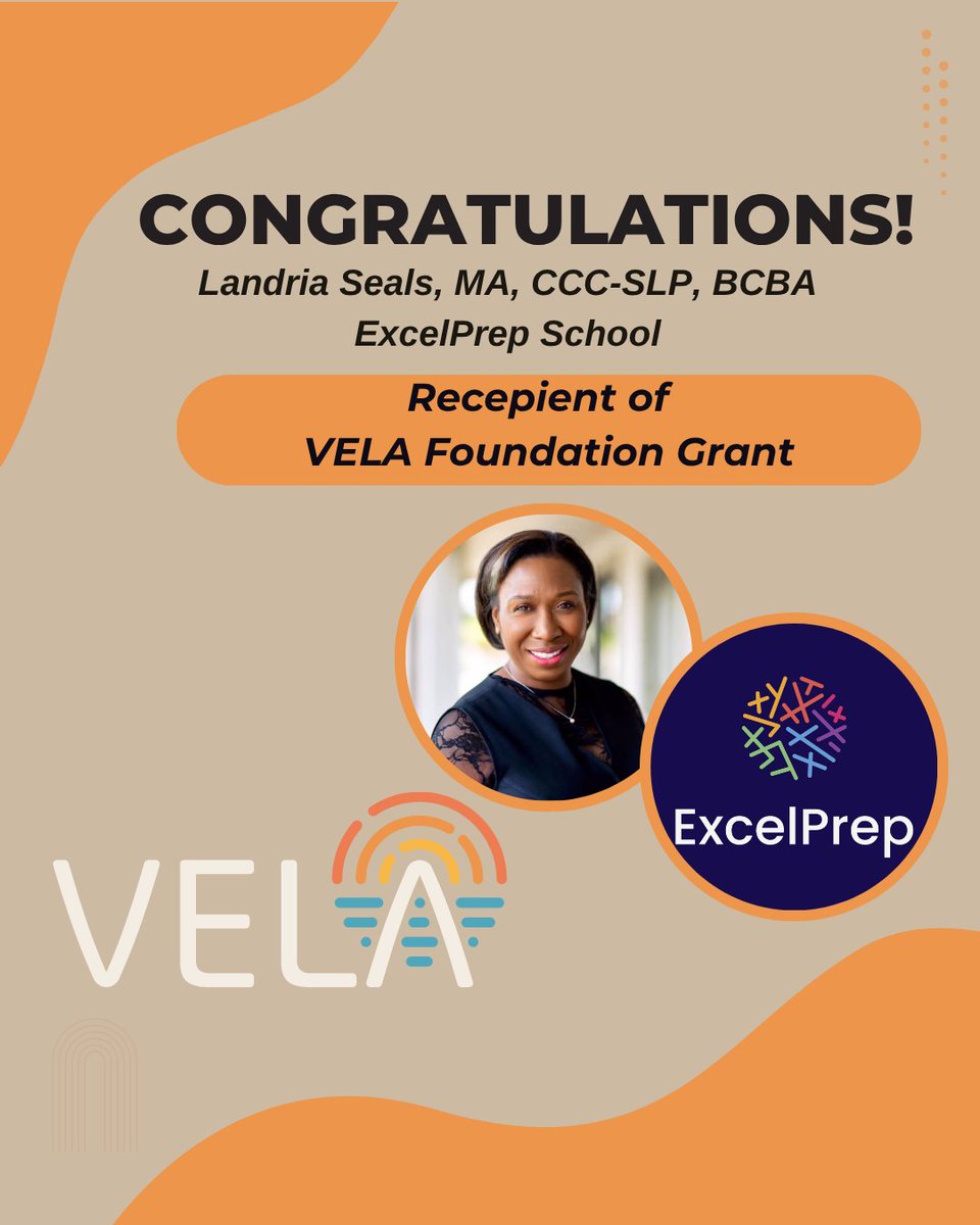 SPABASIG's tweet photo. 🥳Congratulations to #SLPBCBA @SLPGuru Landria Seals Green and the team at ExcelPrep Schools for being awarded a VELA Foundation grant @VELAorg ! https://t.co/CxT0k0LwJi