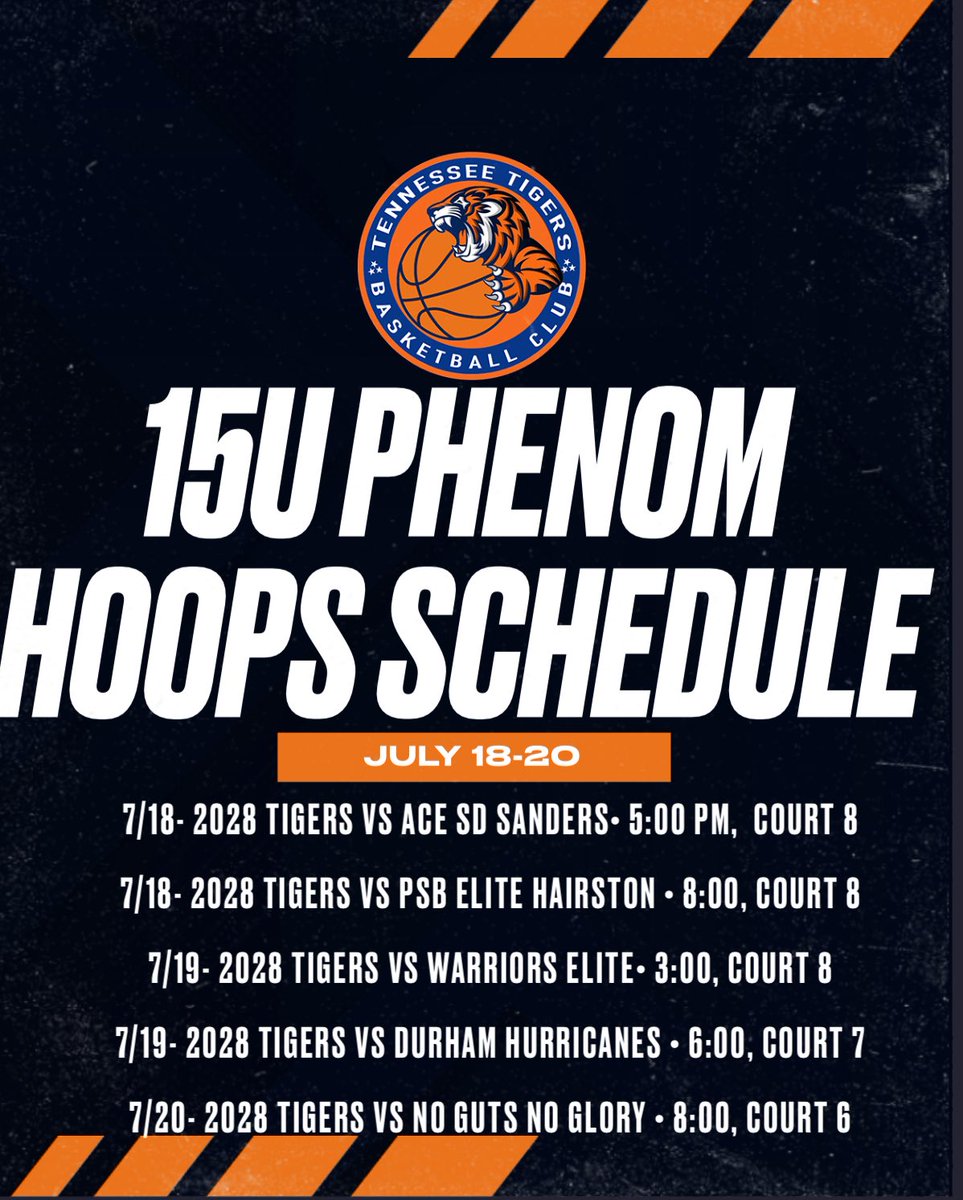 Tennessee Tigers (@tigerstennessee) on Twitter photo 🚨15U <a href="/Phenom_Hoops/">Phenom Hoop Report</a> Summer Havoc Schedule:
➡️Check out our 2028 guys schedule, last tournament of the year for an amazing group! #T4L🐅 🚨15U <a href="/Phenom_Hoops/">Phenom Hoop Report</a> Summer Havoc Schedule:
➡️Check out our 2028 guys schedule, last tournament of the year for an amazing group! #T4L🐅