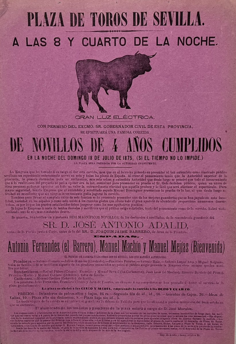 CTSevilla24's tweet image. El primer festejo nocturno, celebrado en la Maestranza el 18 de julio de 1875.
Hace 150 años, y en el cartel anunciado Manuel Mejías Luján “Bienvenida I”, el fundador de la gloriosa dinastía.