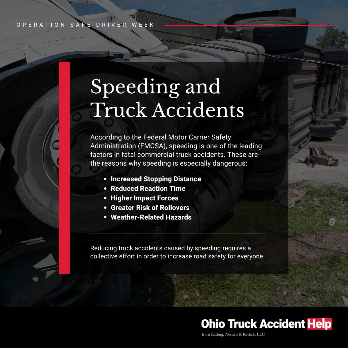 truckaccidenthe's tweet image. When commercial truck drivers exceed the speed limits, the risk of devastating collisions leading to serious or fatal injuries rises sharply.

Whether you&apos;re behind the wheel of a big rig or a passenger vehicle, always drive at a safe, legal speed.

#Speed | #OperationSafeDriver