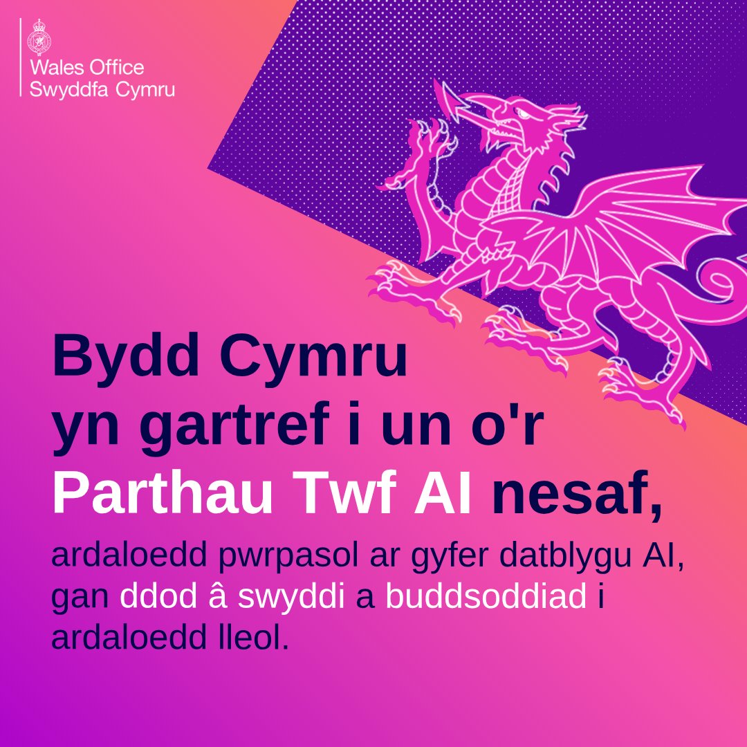 WalesOffice's tweet image. Rydym yn darparu Parth Twf AI yng Nghymru 🏴
Bydd Deallusrwydd Artiffisial yn gyrru twf economaidd yn y dyfodol. Dyna pam rydyn ni'n gwneud yn siŵr bod Cymru'n chwarae rhan yn ei datblygiad, denu buddsoddiad a chreu swyddi.