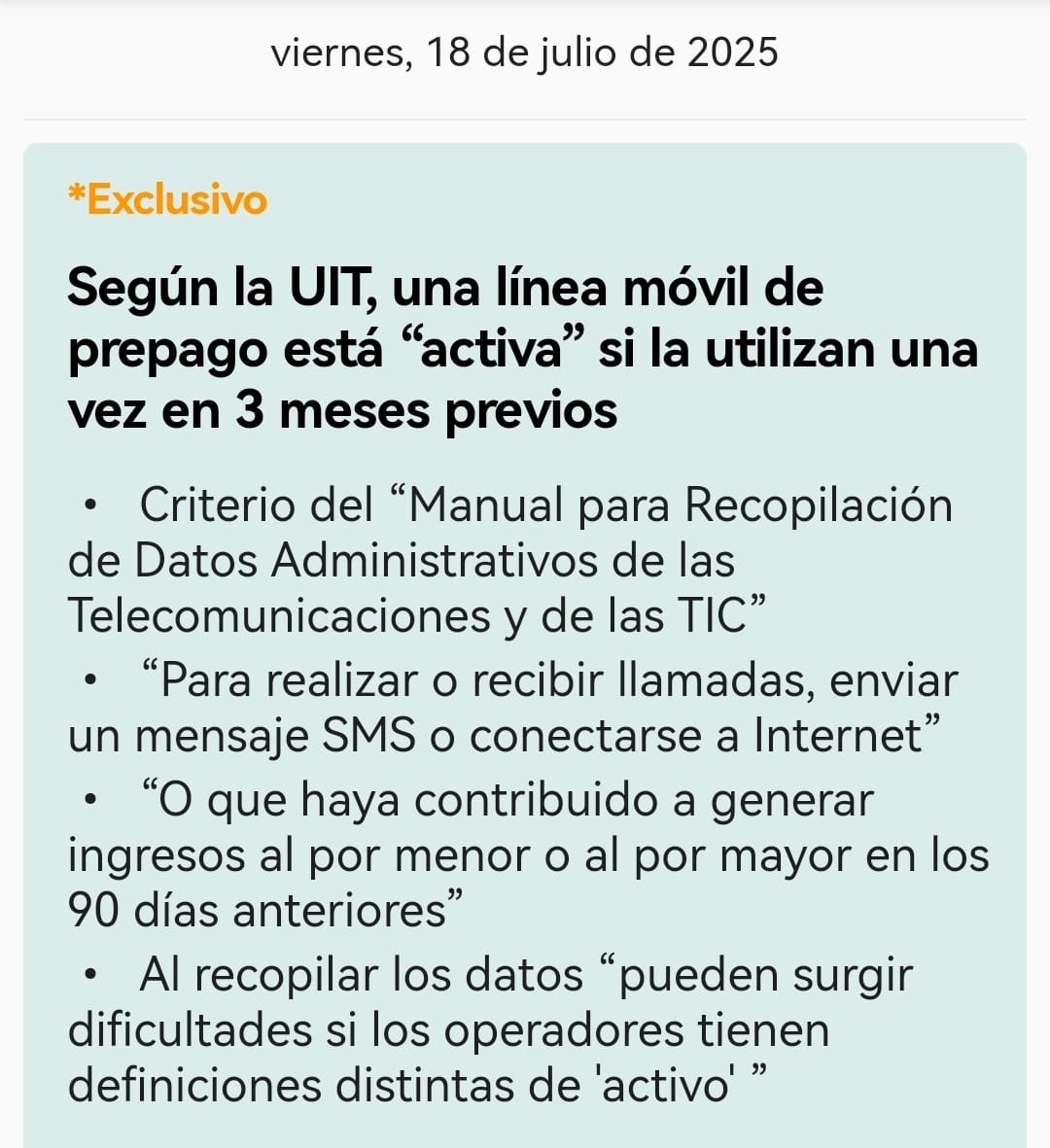 .#PRIMICIA 

⛔️ Según Manual Recopilación Datos de <a href="/ITU/">Int’l Telecommunication Union</a>, una línea móvil de prepago está “activa” si la utilizan una vez en 3 meses previos.

La <a href="/ITU/">Int’l Telecommunication Union</a> nada dice de que líneas preactivadas y chips en distribuidores-inventario son líneas vivas.

👉 itu.int/en/ITU-D/Stati…  👈