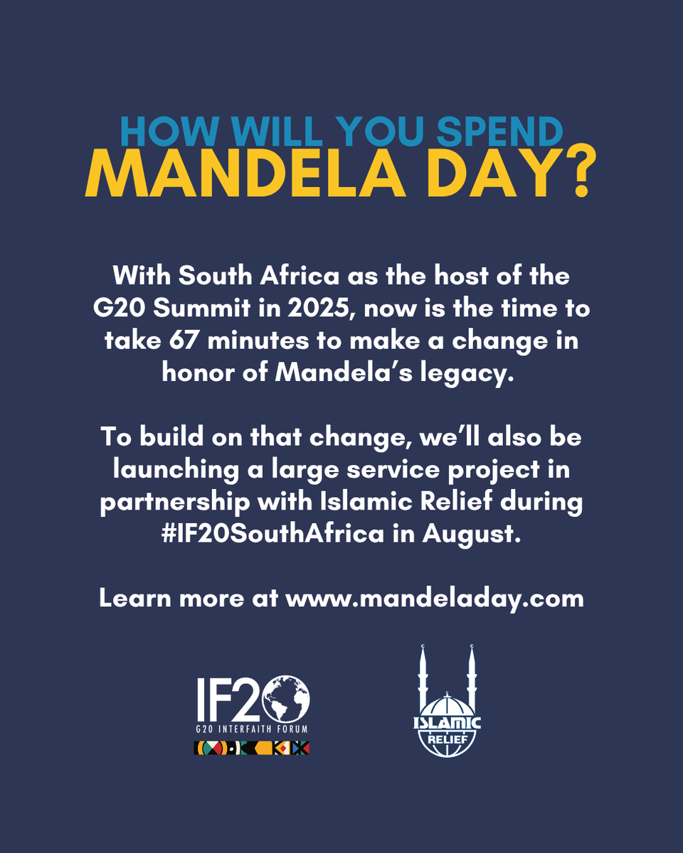 IF20 (@if20org) on Twitter photo Mandela Day inspires us to serve—67 minutes at a time! As the G20 meets in South Africa, the #G20Interfaith Forum continues championing the most vulnerable. Join us & <a href="/IslamicRelief/">Islamic Relief USA</a> at #IF20SouthAfrica in Cape Town as we fight childhood hunger together in service. #MandelaDay Mandela Day inspires us to serve—67 minutes at a time! As the G20 meets in South Africa, the #G20Interfaith Forum continues championing the most vulnerable. Join us & <a href="/IslamicRelief/">Islamic Relief USA</a> at #IF20SouthAfrica in Cape Town as we fight childhood hunger together in service. #MandelaDay