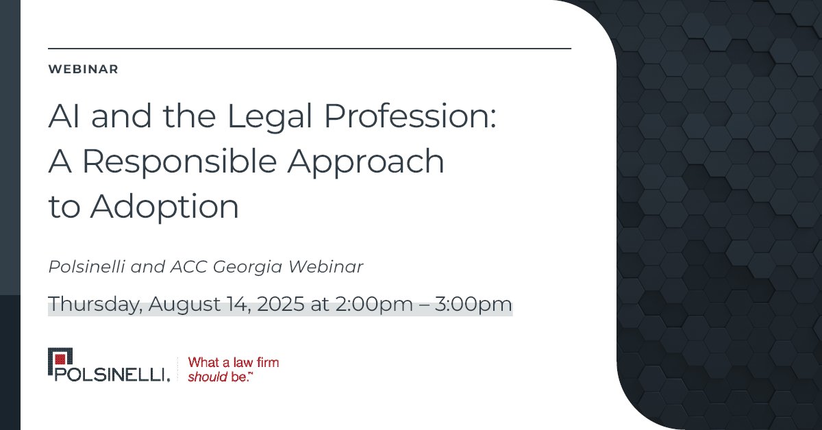 Polsinelli's tweet image. Obtain insight into how to evaluate, pilot and implement AI tools in a deliberate and process-driven manner in our upcoming webinar with @ACCinhouse Georgia on 8/14: web.cvent.com/event/5517d152….
#artificialintelligence #ailegaltools #legalwebinar