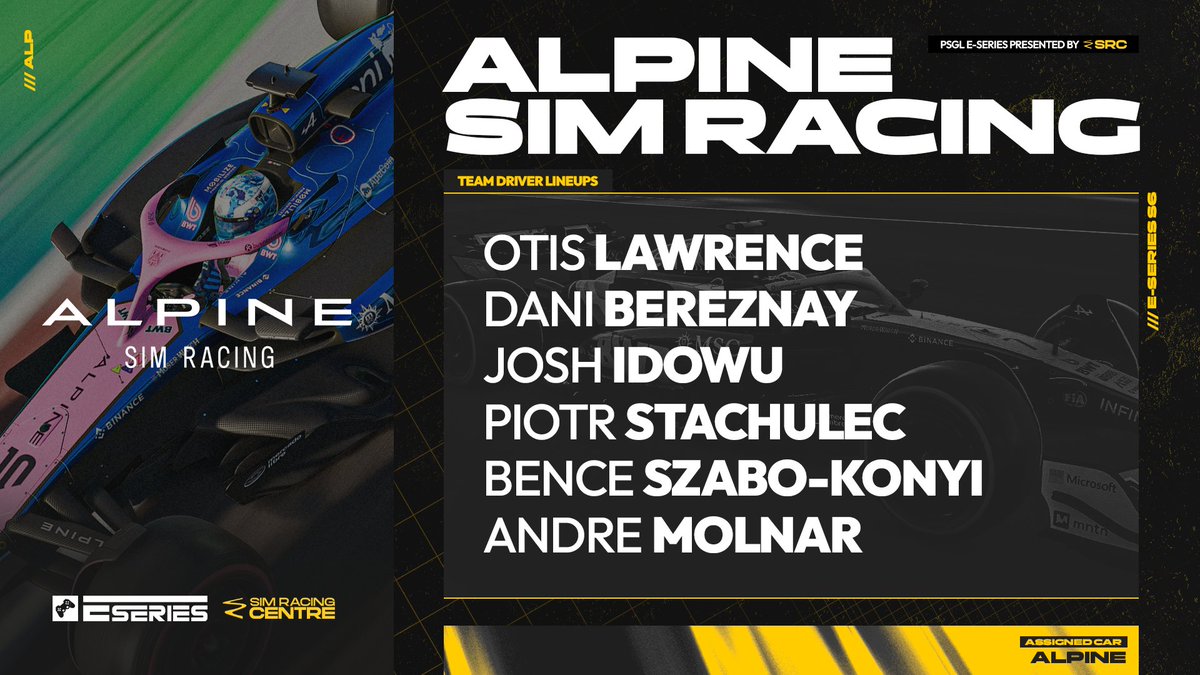 PSGL (@premiersimgl) on Twitter photo A big welcome to <a href="/AlpineSimRacing/">Alpine Sim Racing</a> for E Series S6! 🇫🇷
<a href="/FRA_ELITE45/">Otis Lawrence</a>, <a href="/FormulaDani/">Dani Bereznay</a> & <a href="/JoshIdowu_/">Josh Idowu</a> all feature on the roster 👊
Expect regular appearances from <a href="/Piotr_Stachulec/">Piotr Stachulec</a> & <a href="/benceszk/">Bence Szabó-Kónyi</a> as well! 🙌
#PSGLESeries A big welcome to <a href="/AlpineSimRacing/">Alpine Sim Racing</a> for E Series S6! 🇫🇷
<a href="/FRA_ELITE45/">Otis Lawrence</a>, <a href="/FormulaDani/">Dani Bereznay</a> & <a href="/JoshIdowu_/">Josh Idowu</a> all feature on the roster 👊
Expect regular appearances from <a href="/Piotr_Stachulec/">Piotr Stachulec</a> & <a href="/benceszk/">Bence Szabó-Kónyi</a> as well! 🙌
#PSGLESeries