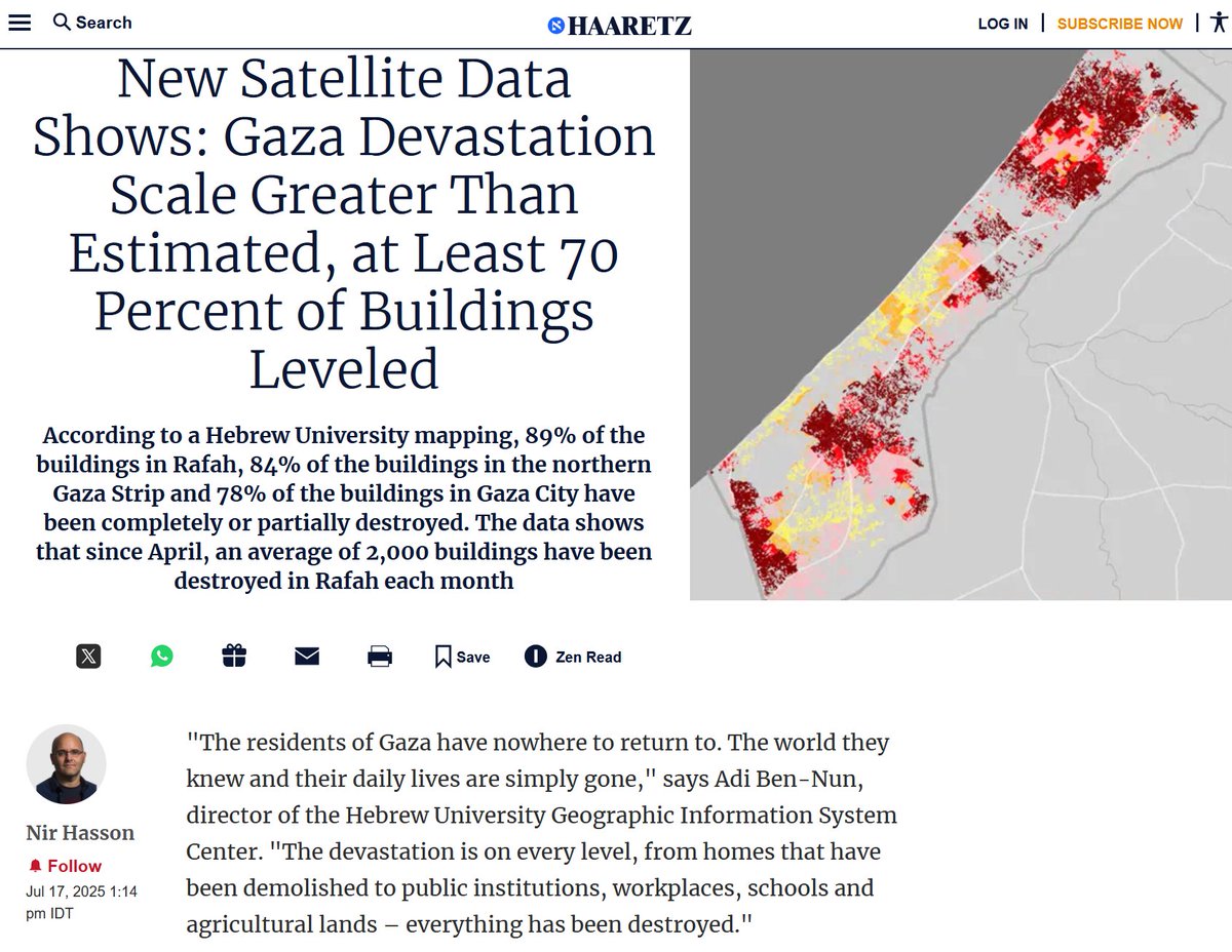 BenjaminNorton's tweet image. Scholars at Israel's Hebrew University found that the Israeli colonial regime has destroyed at least 70% of the buildings in Gaza.
Israel destroyed 89% of the buildings in Rafah, 84% in north Gaza, and 78% in Gaza City.
This is what a (US-sponsored) genocide looks like.
Link:…