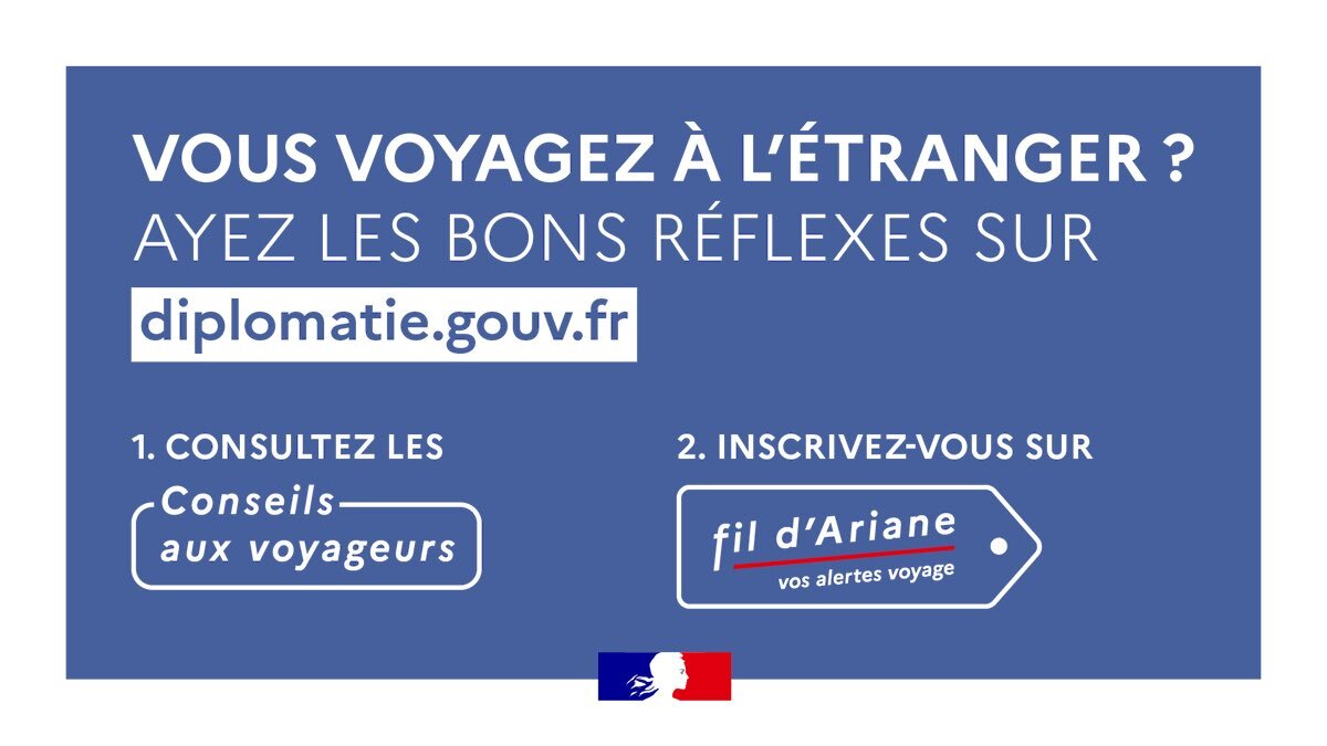 francediplo's tweet image. Avant de partir en voyage à l'étranger, deux réflexes :
1️⃣ Consulter les dernières informations publiées sur les @ConseilsVoyages de @francediplo 🔗 fdip.fr/h41uFmrT
2️⃣ S’inscrire sur fil d'Ariane 🔗 fdip.fr/iIBRfW1Y