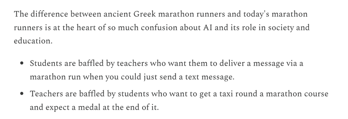 daisychristo's tweet image. In the latest post on our Substack I try to make sense of the mutual incomprehension between teachers & students about the role of AI in the classroom.
Is it OK for students to use AI to write their assignments if that's the most efficient thing to do?
If not, why not?