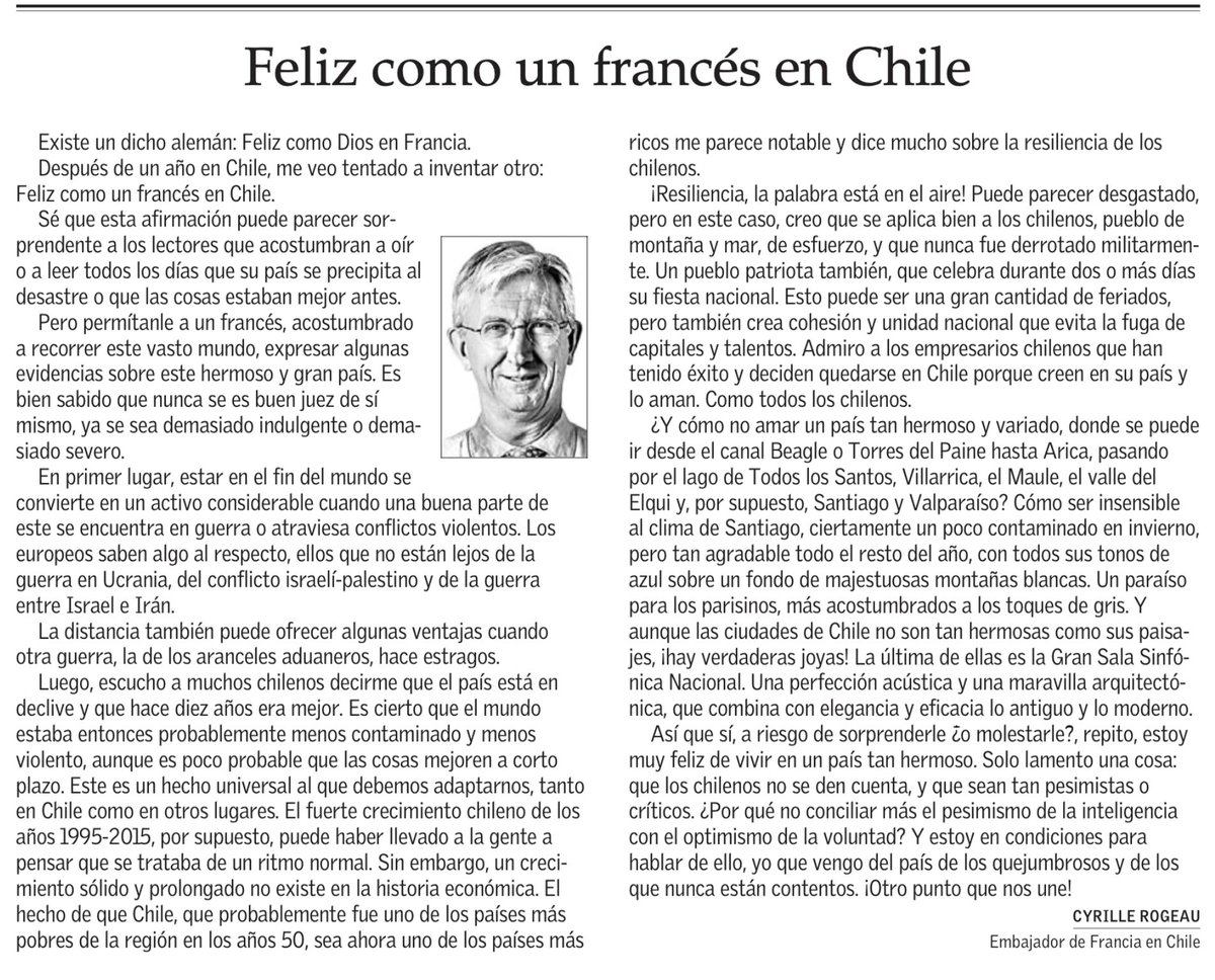 pablozeguel's tweet image. Esta columna del embajador Francés es una joya. Apunta al corazón del pesimismo, poniéndolo en contexto y   al final se da el lujo de parafrasear al histórico dirigente del Partido Comunista Italiano Antonio Gramsci en El Mercurio