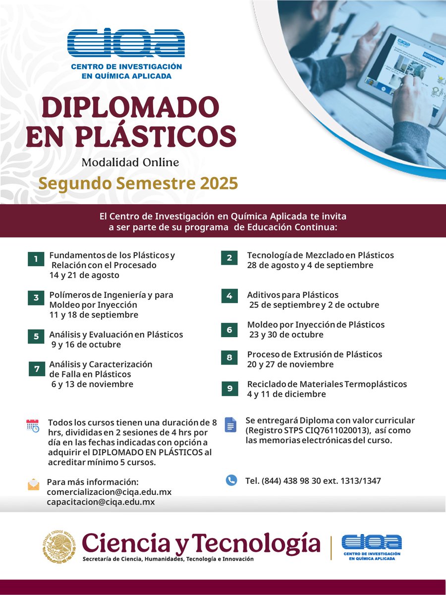CIQA (@ciqa_mx) on Twitter photo ¡#CIQA te invita a formar parte del Diplomado en plásticos 2025!
➡️ ciqa.mx/diplomadoenPla…
Para más información: comercializacion@ciqa.edu.mx
o capacitacion@ciqa.edu.mx
Tel: (844) 4 38 98 30 ext. 1313 / 1347 ¡#CIQA te invita a formar parte del Diplomado en plásticos 2025!
➡️ ciqa.mx/diplomadoenPla…
Para más información: comercializacion@ciqa.edu.mx
o capacitacion@ciqa.edu.mx
Tel: (844) 4 38 98 30 ext. 1313 / 1347