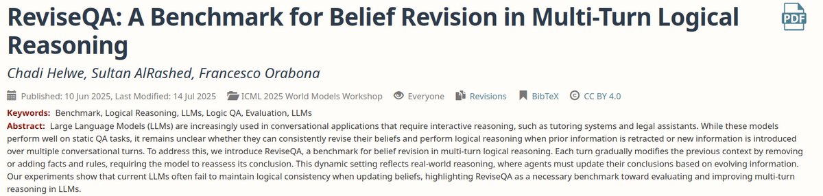 2) We introduce ReviseQA, a new benchmark that evaluates the ability to perform logical reasoning when information changes over multiple conversational turns. Our experiments show that current LLMs often fail to maintain logical consistency when updating beliefs.