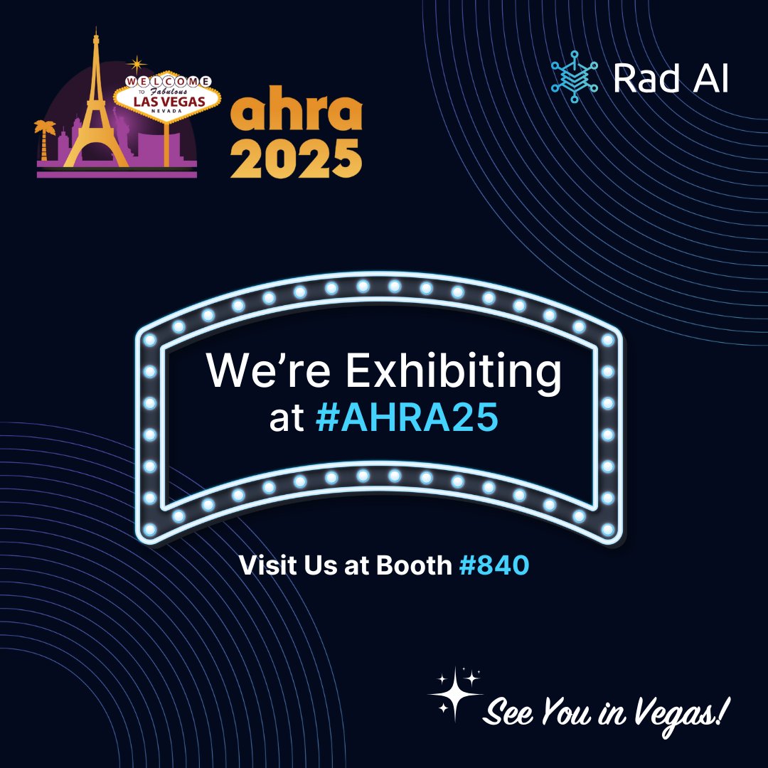 radai's tweet image. Rad AI is headed to Las Vegas for AHRA 2025! 🎰
Join us August 3–5 at Paris Las Vegas for the annual gathering of medical imaging leaders.
👉 Grab your demo spot here: hubs.la/Q03xNPwr0