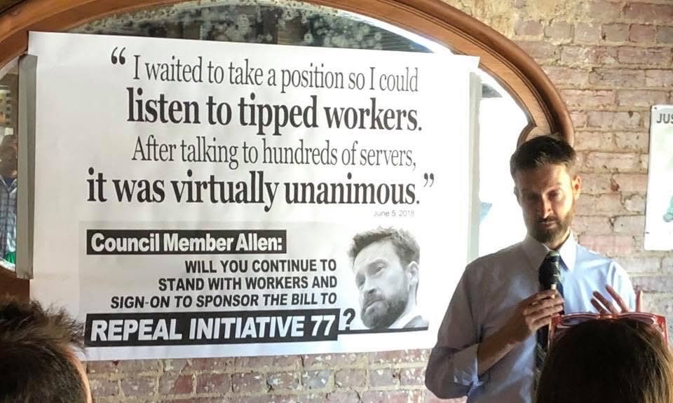MarkLeeDC's tweet image. DC Council Mbr @charlesallen famously told tipped workers at a meeting in #Ward6 seven years ago today that he knew workers support the #TipCredit tip-wage system but ‘you don’t *NEED* my vote to overturn Initiative 77’…
…Workers need/want your vote now to Reform #Initiative82!