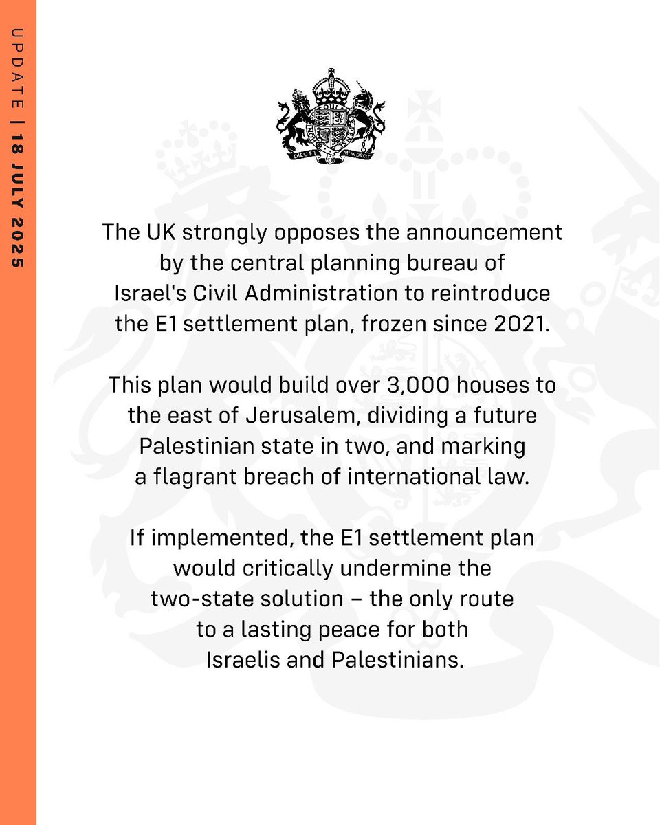 HFalconerMP's tweet image. Deeply concerned by the Israeli Civil Administration’s plan to revive the E1 settlement programme.
If implemented, this would critically undermine a future Palestinian state and the path to a two-state solution - crushing the hopes of millions who wish for peace.