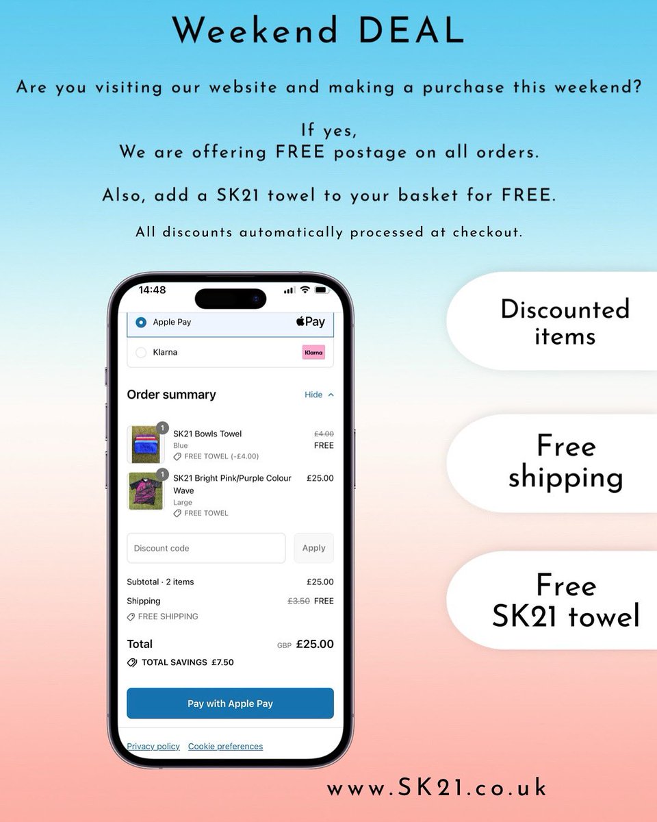 This weekend visit SK21.co.uk where many items have been discounted.

Not only that we are offering free shipping on all orders made this weekend. 

AND

If you are making a purchase add a SK21 towel to your basket and you’ll see that you are getting it for FREE!!