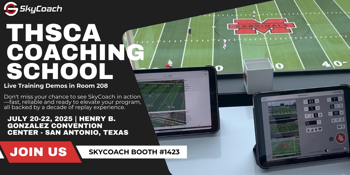 Sky_Coach's tweet image. 🎥 Live SkyCoach replay demos & training at THSCA Coaching School! 3️⃣ angles of real-time replay — trusted by 1,000s of programs.
📍 Room 208 – Henry B. Gonzalez Center
🗓️ July 20 (8a–4p); July 21 (8a–2p)
⏰ Demos every hour on the hour!