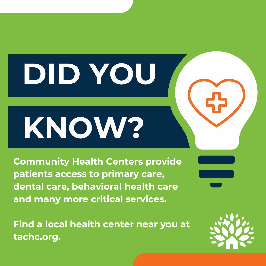 TexasCHCs's tweet image. Did you know? Community Health Centers provide access to primary care, dental care, behavioral health, and many more critical services across communities in Texas. 🏥🩺
🔎 Find a center near you: tachc.org
#CommunityHealth #HealthAccess