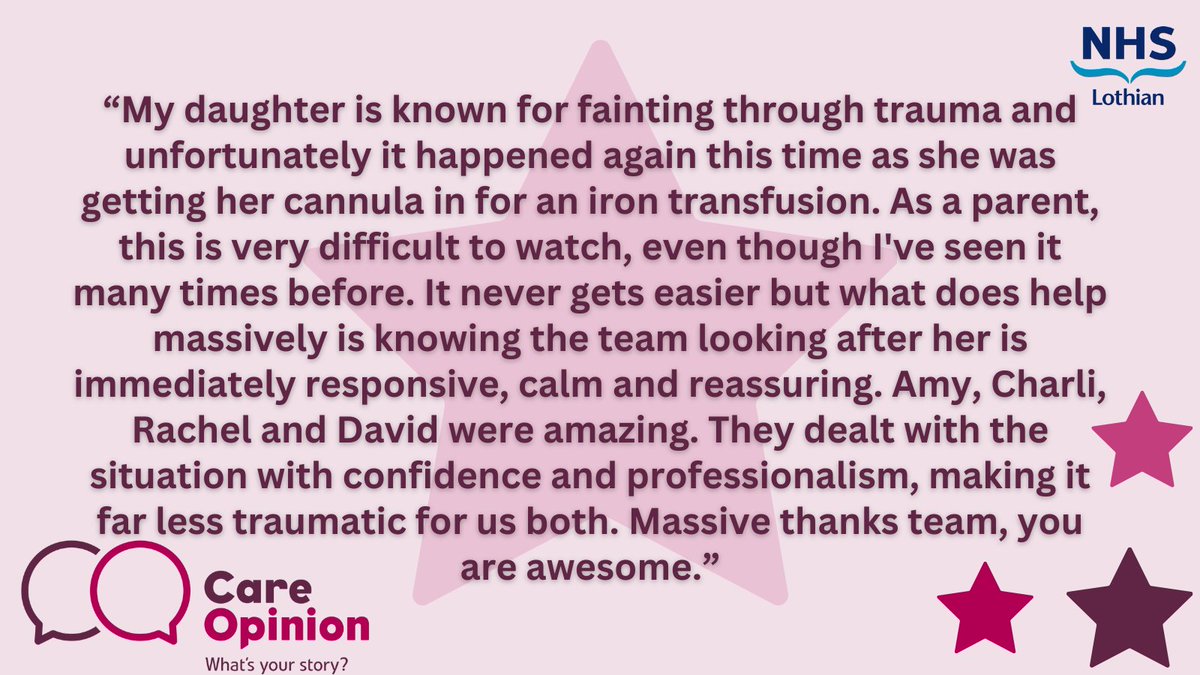 NHS_Lothian's tweet image. Thank you to SallyLallyLoo for sharing her daughters story on the care she received at St John&apos;s Hospital 💙

🗣️ Got a story to share? Tell us on Care Opinion: ow.ly/qLyW50Qocaa