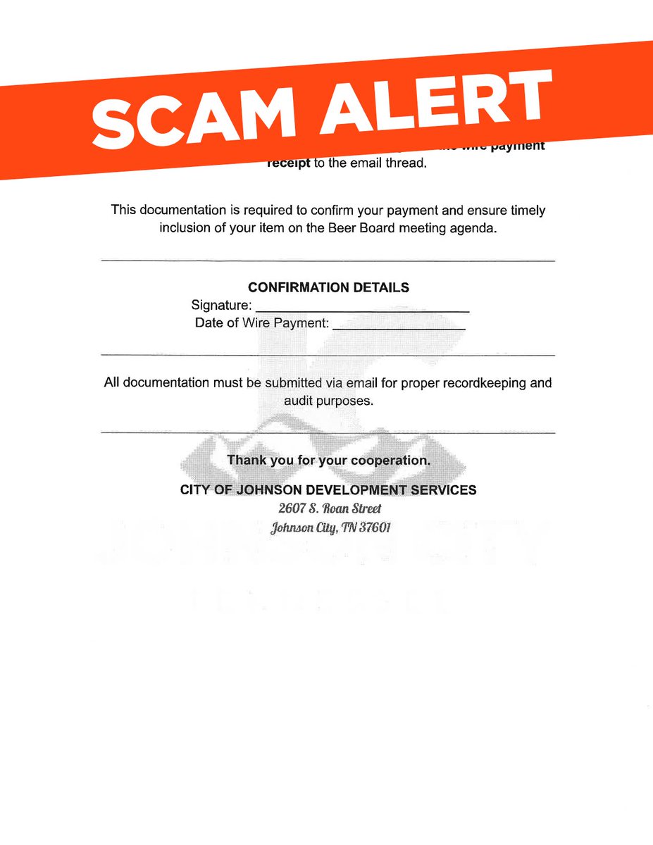 City of Johnson City (@cojctn) on Twitter photo Fake invoices similar to the image below are circulating in our community. Please note that the City of Johnson City will not request payments via wire transfer. If you receive a suspicious invoice, report it to our Legal Department at 423.434.6009 legal@johnsoncitytn.org Fake invoices similar to the image below are circulating in our community. Please note that the City of Johnson City will not request payments via wire transfer. If you receive a suspicious invoice, report it to our Legal Department at 423.434.6009 legal@johnsoncitytn.org