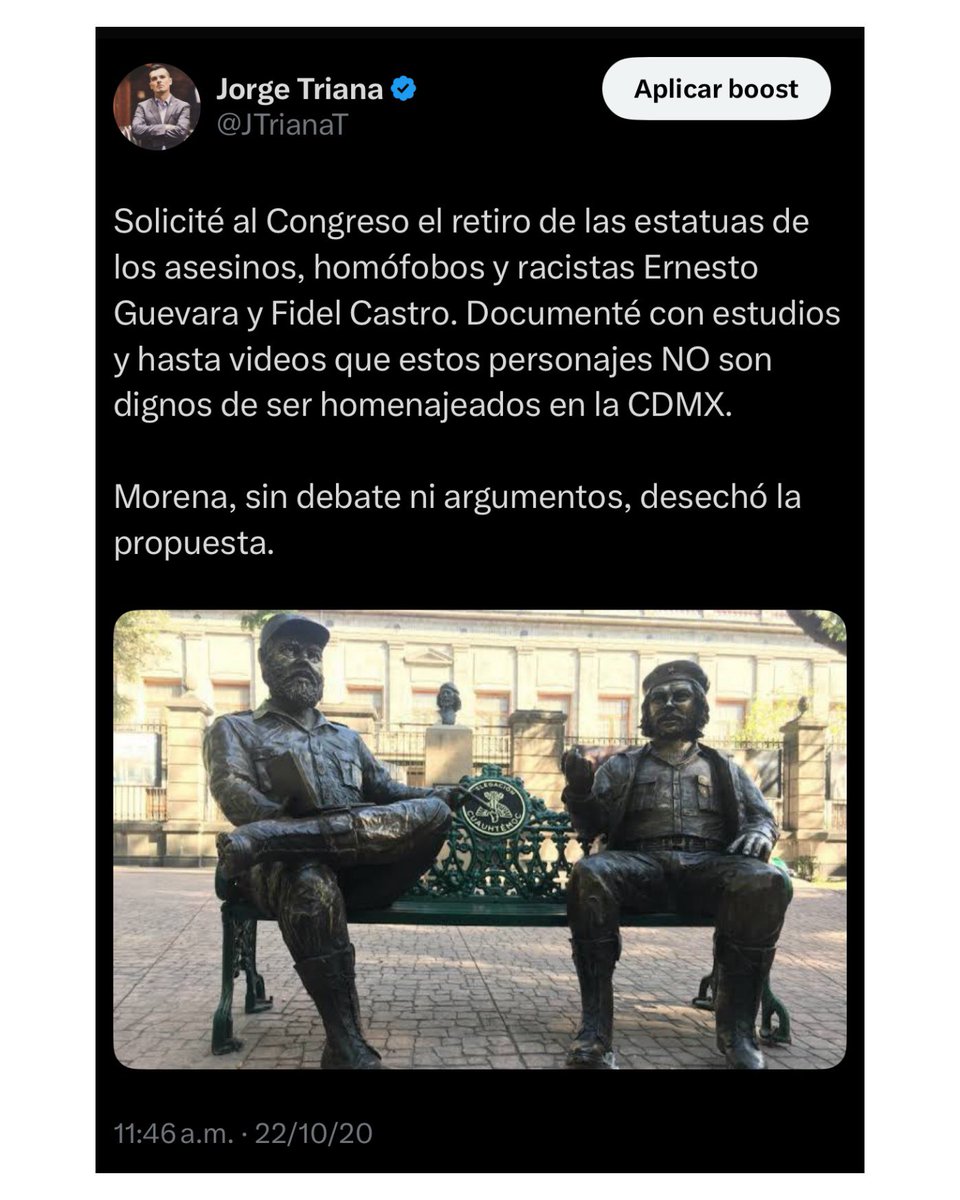 Jorge Triana (@jtrianat) on Twitter photo Genial <a href="/AlessandraRdlv/">Alessandra Rojo de la Vega</a> al retirar las estatuas de Castro y Guevara.
Desde que Monreal las colocó ilegalmente en 2020, documenté los crímenes de estos personajes y pedí su retiro formalmente. No hubo respuesta. Hoy, por fin, se hace justicia.
¡Nunca más homenajes a asesinos! Genial <a href="/AlessandraRdlv/">Alessandra Rojo de la Vega</a> al retirar las estatuas de Castro y Guevara.
Desde que Monreal las colocó ilegalmente en 2020, documenté los crímenes de estos personajes y pedí su retiro formalmente. No hubo respuesta. Hoy, por fin, se hace justicia.
¡Nunca más homenajes a asesinos!
