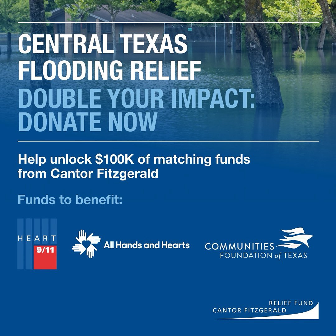 CantorRelief's tweet image. Our thoughts are with those affected by the severe floods in Central Texas. Donate now to unlock $100K in corporate matching funds from @Official_Cantor to support @AllHandsHearts, @heart911team, and @GiveWisely who are working on the ground. Donate here: cantorrelief.org/donate-now/