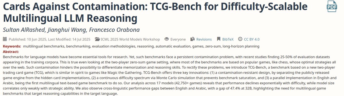 For people at #ICML2025, we have 2 papers in the Workshop on Assessing World Models

1) How are LLMs at playing trading card games (TCG)?Not good once you take care of the contamination! We create a new TGC evaluation task with publicly game engine but hidden card implementation