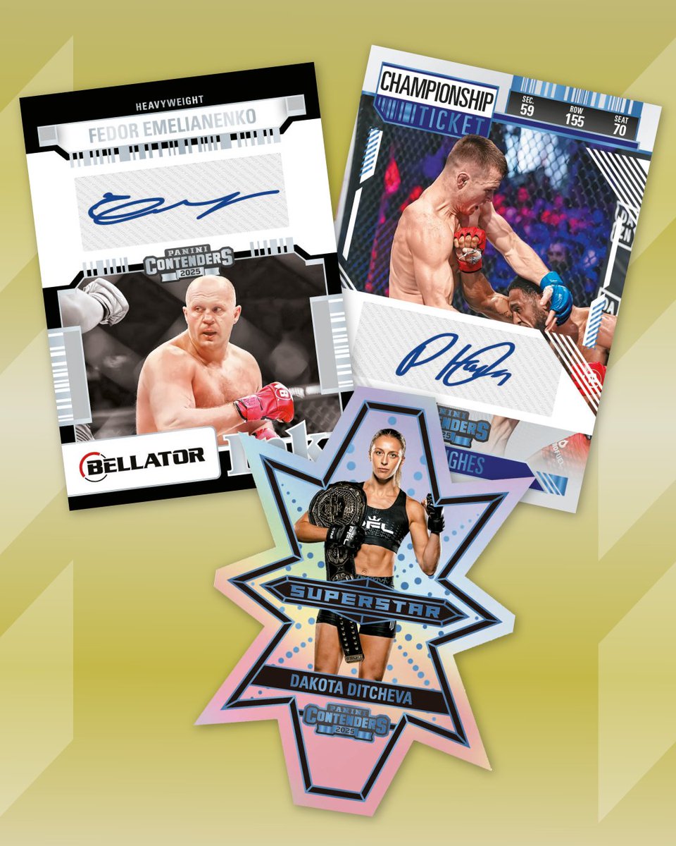 PaniniAmerica's tweet image. The debut of #PaniniContenders PFL has arrived! Shop now here: bit.ly/4nU8FmM
Look for Autographs of iconic legends and top stars, including Season Ticket Signatures! Plus ultra-rare inserts such as Superstar Die-Cuts and Crown Jewels! Chase a variety of parallels…