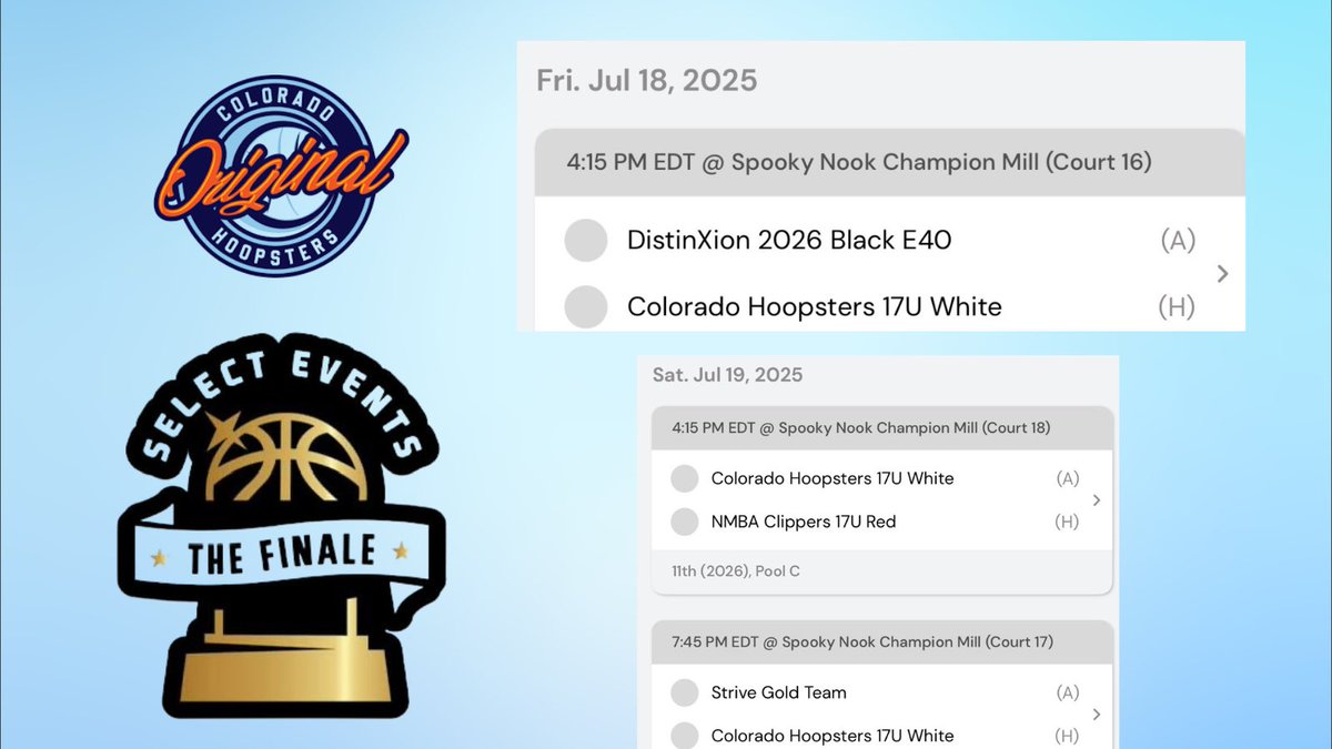 Here is my day 1 and day 2 schedule for The Finale! I’m excited to compete in my last aau tournament ever! <a href="/COHoopsters/">Colorado Hoopsters</a> <a href="/vp_lbball/">VP Girls Basketball Program</a> <a href="/SelectEventsBB/">Select Events Basketball</a>