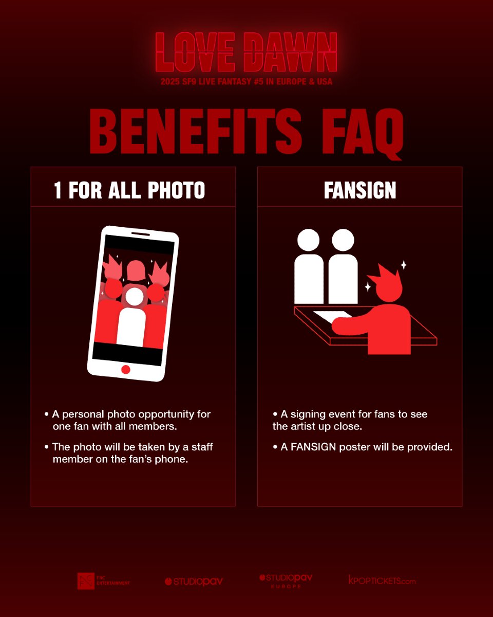 StudioPAVEurope's tweet image. #FANTASY, we are so excited to offer 1 FOR ALL PHOTO and Fansign for you during ❤️2025 SF9 LIVE FANTASY #5 LOVE DAWN IN EUROPE & USA❤️
Check out our small FAQ about the Benefits included in our VVIP and VIP Package! During the Fansign, the members will only be signing the poster…