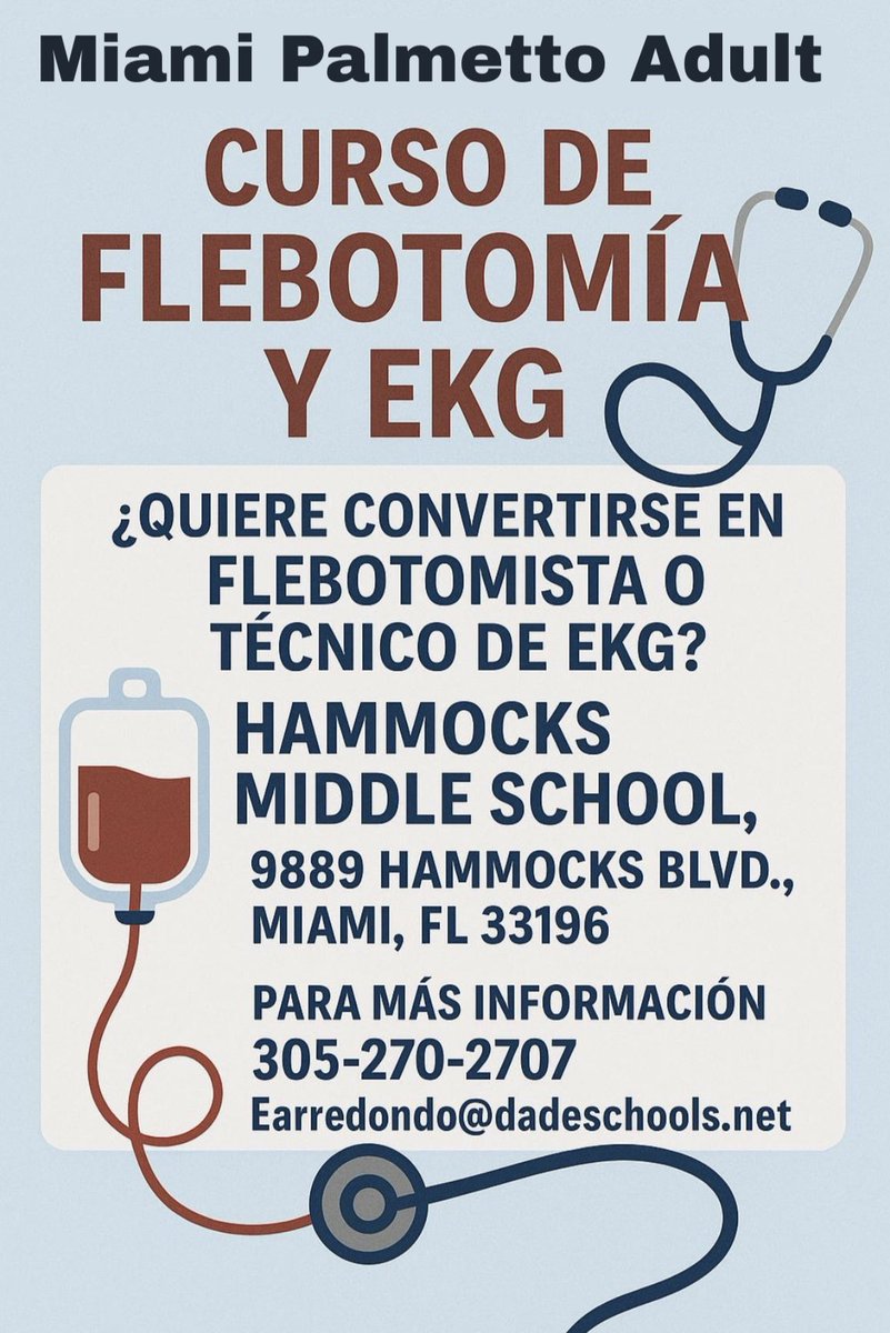 palmettoadult's tweet image. Únete a Miami Palmetto Adult para nuestros programas de Flebotomía y Técnico de EKG en Hammocks Middle School. 

Join us for our Phlebotomy and EKG Technician programs at Hammocks Middle School. 

@MDCPS @suptdotres @mantilla1776 
#YourBestChoiceMDCPS
#TuMejorOpcónMDCPS