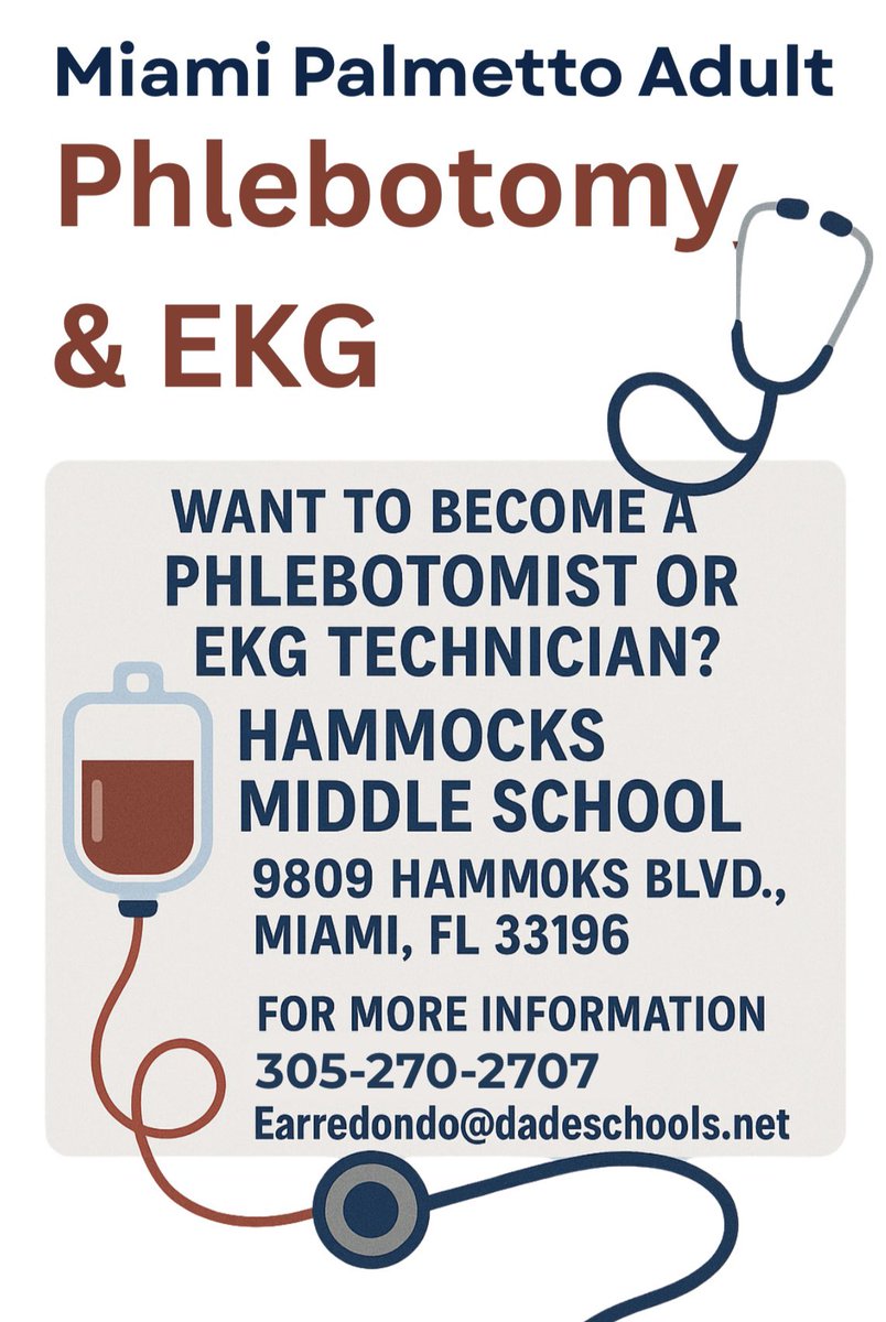 palmettoadult's tweet image. Únete a Miami Palmetto Adult para nuestros programas de Flebotomía y Técnico de EKG en Hammocks Middle School. 

Join us for our Phlebotomy and EKG Technician programs at Hammocks Middle School. 

@MDCPS @suptdotres @mantilla1776 
#YourBestChoiceMDCPS
#TuMejorOpcónMDCPS