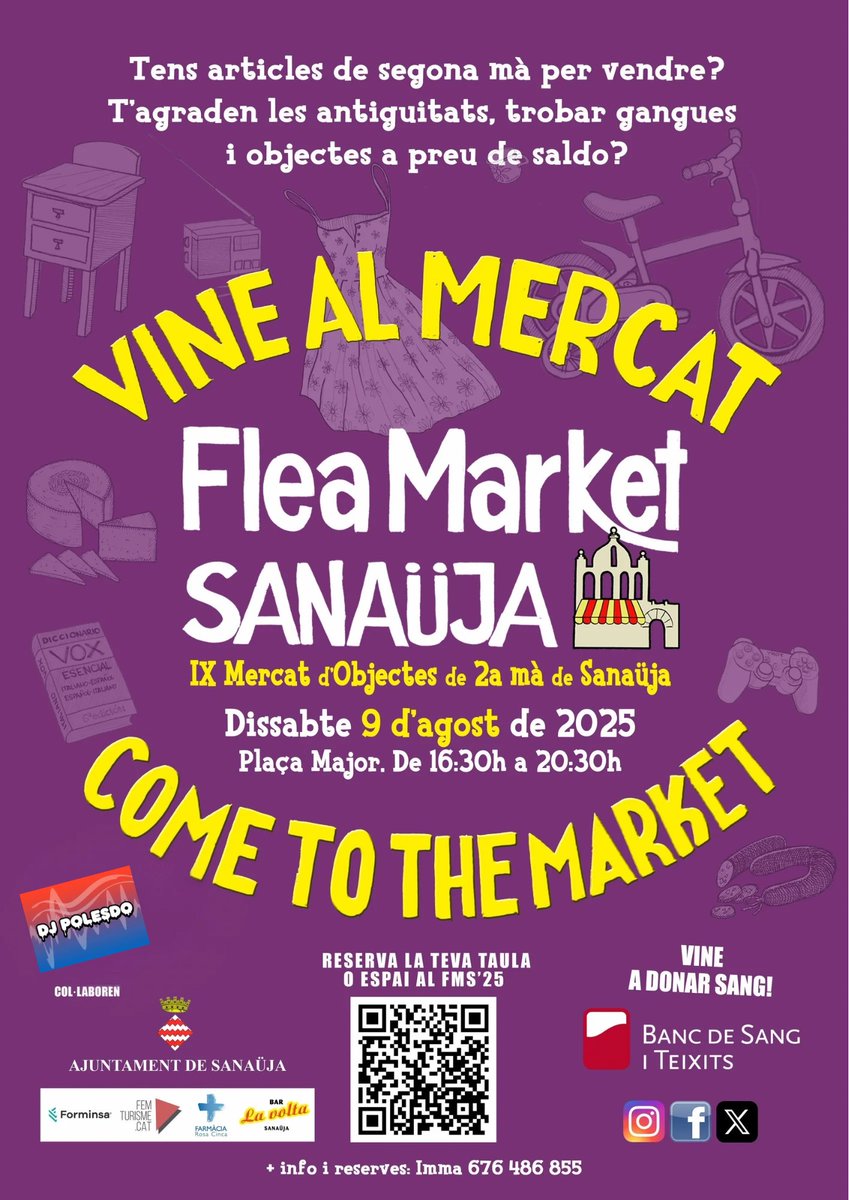 Ja tenim el cartell del #FleaMarketSanauja que tindrà lloc dissabte 9 d’Agost a partir de les 16:30 a la Plaça Major de #Sanaüja. Vine al mercat d’objectes de segons mà, gastronomia, artesania i tardeo (tenim DJ i tot) més molon de #LaSegarra. T’hi esperem!!