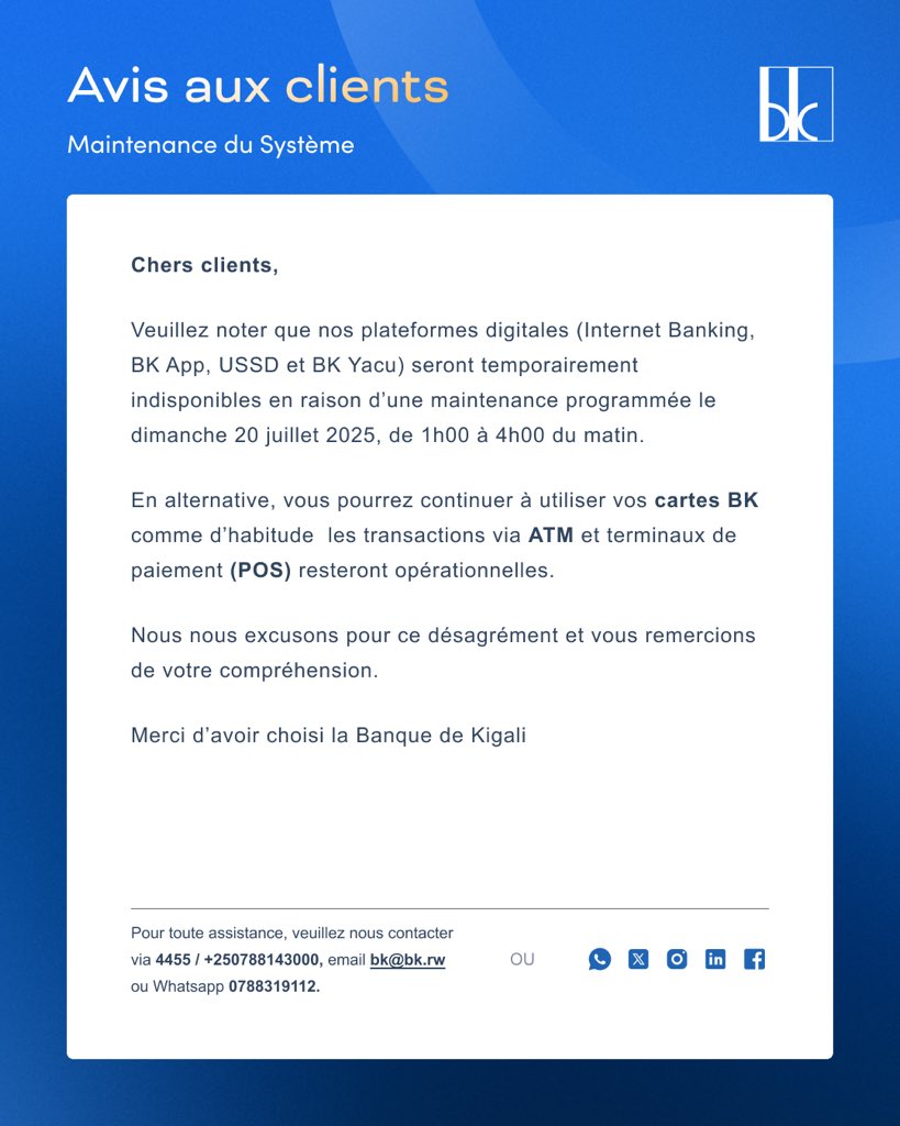 BankofKigali's tweet image. ITANGAZO RIGENEWE ABAKILIYA - NOTICE TO CUSTOMERS - AVIS AUX CLIENTS