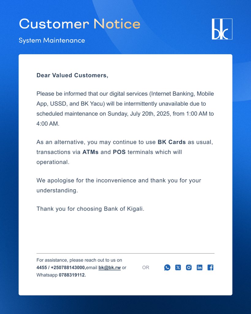 BankofKigali's tweet image. ITANGAZO RIGENEWE ABAKILIYA - NOTICE TO CUSTOMERS - AVIS AUX CLIENTS