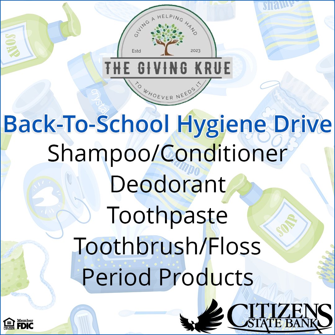 .🛀🏽🚿Hey, Rushville! We're collecting hygiene items to support The Giving Krue's back-to-school campaign for local students. Drop off donations during business hours thru Fri, 7/25.🛀🏽🚿

Let’s help students start the school year feeling confident and prepared! 💙