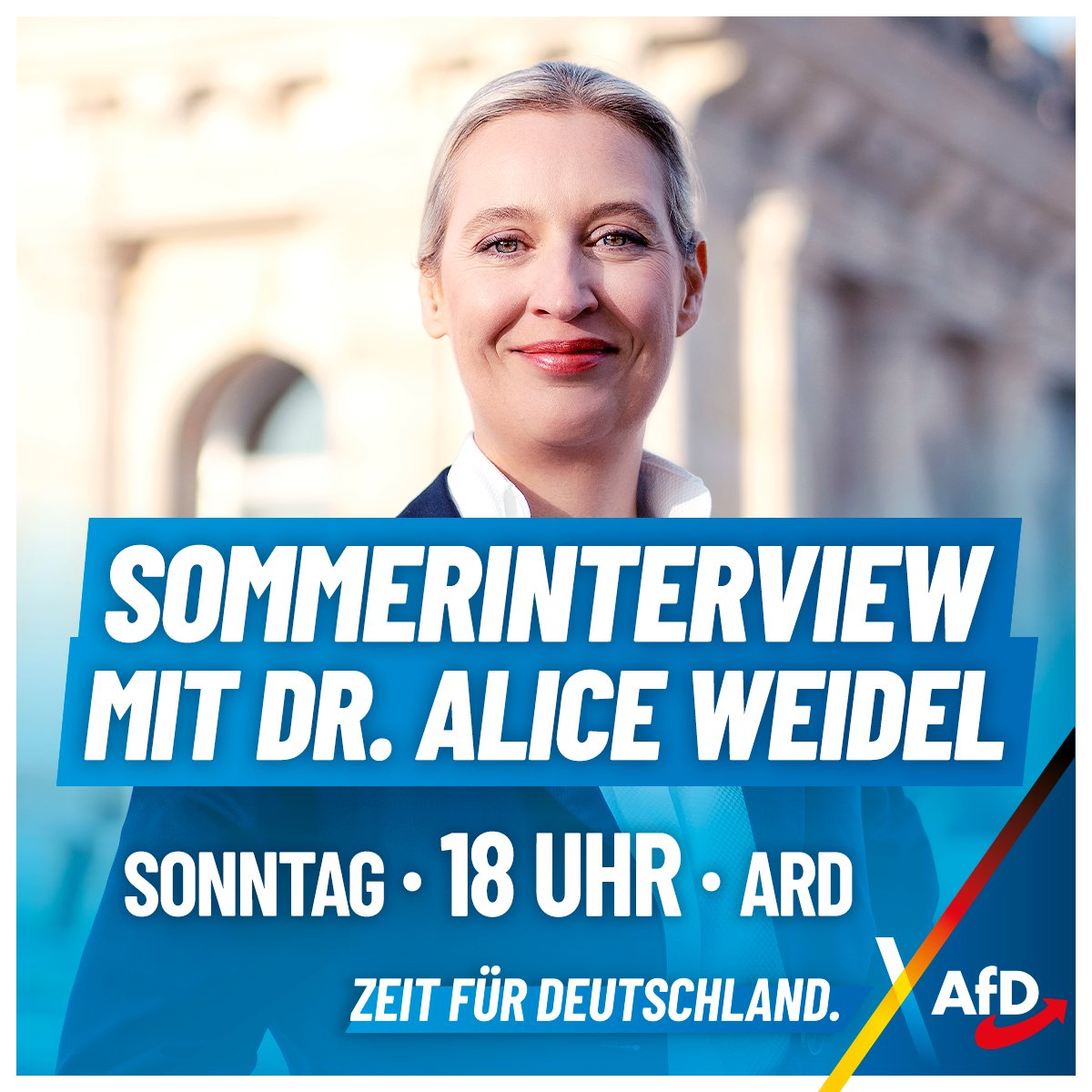 AfD's tweet image. Das große Sommerinterview mit AfD-Bundessprecherin Dr. Alice Weidel. Sonntag, 18 Uhr, ARD. Einschalten!