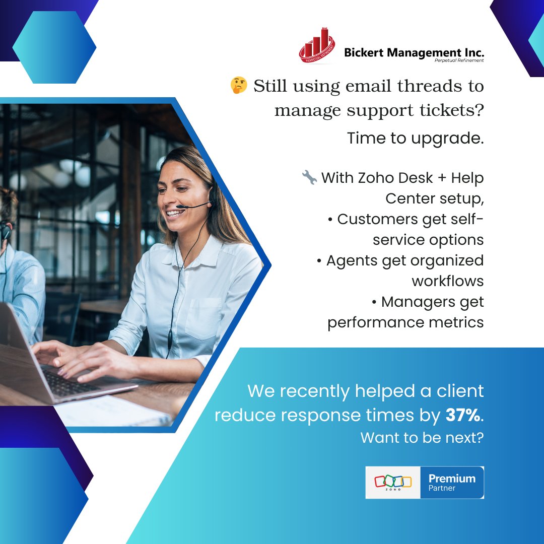 BickertMgmtInc's tweet image. 🤔 Still managing support with email threads?
Time to upgrade with Zoho Desk + Help Center:
✅ Self-service for customers
✅ Organized workflows for agents
✅ Metrics for managers
💡 One client cut response time by 37% — you could be next!

#ZohoDesk #CustomerSupport #HelpCenter