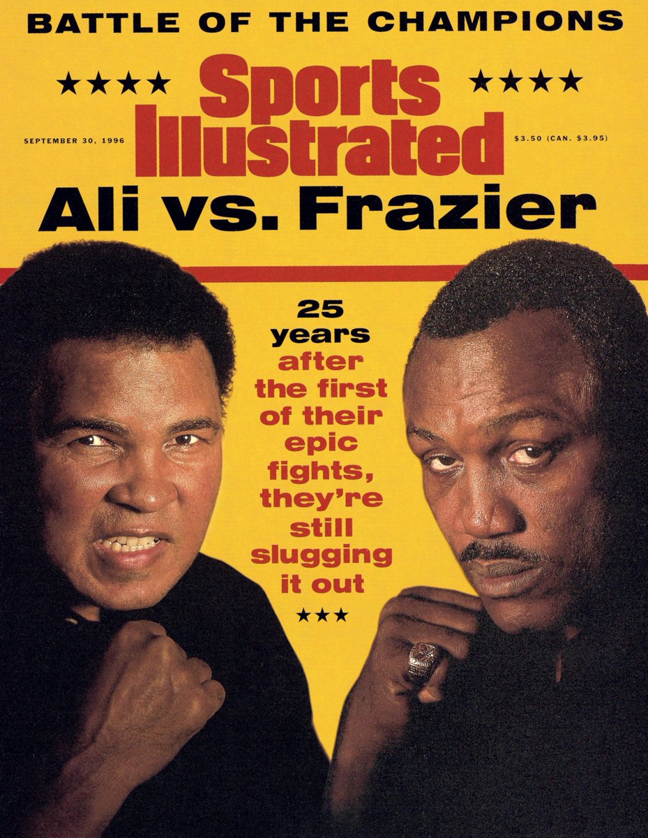 MuhammadAli's tweet image. Sports Illustrated Cover: September 30, 1996
This cover is a composite image of a portrait of Muhammad Ali taken at his Berrien Springs, Michigan house and a portrait of Joe Frazier taken at his gym in Philadelphia.
#MuhmmadAli #Icon #SportsIllustrated #Cover #Portrait…