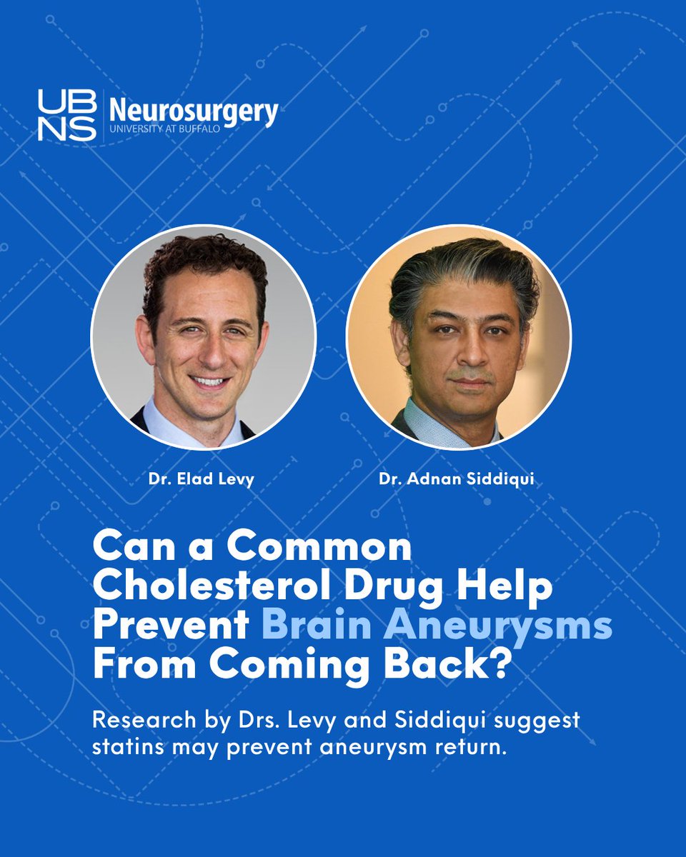 UB Neurosurgery (UBNS) (@ub_neurosurgery) on Twitter photo A new study led by UBNS neurosurgeons suggests statins may lower the chances of a brain aneurysm coming back after it's been treated with coiling. Led by <a href="/EladLevyMD/">Elad Levy</a> and <a href="/_AdnanSiddiqui/">Adnan H. Siddiqui, MD</a>. Published in <a href="/TheJNS/">Journal of Neurosurgery</a> May 2025. #UBNS #AneurysmAwareness tinyurl.com/3hme9v6a?utm_c… A new study led by UBNS neurosurgeons suggests statins may lower the chances of a brain aneurysm coming back after it's been treated with coiling. Led by <a href="/EladLevyMD/">Elad Levy</a> and <a href="/_AdnanSiddiqui/">Adnan H. Siddiqui, MD</a>. Published in <a href="/TheJNS/">Journal of Neurosurgery</a> May 2025. #UBNS #AneurysmAwareness tinyurl.com/3hme9v6a?utm_c…