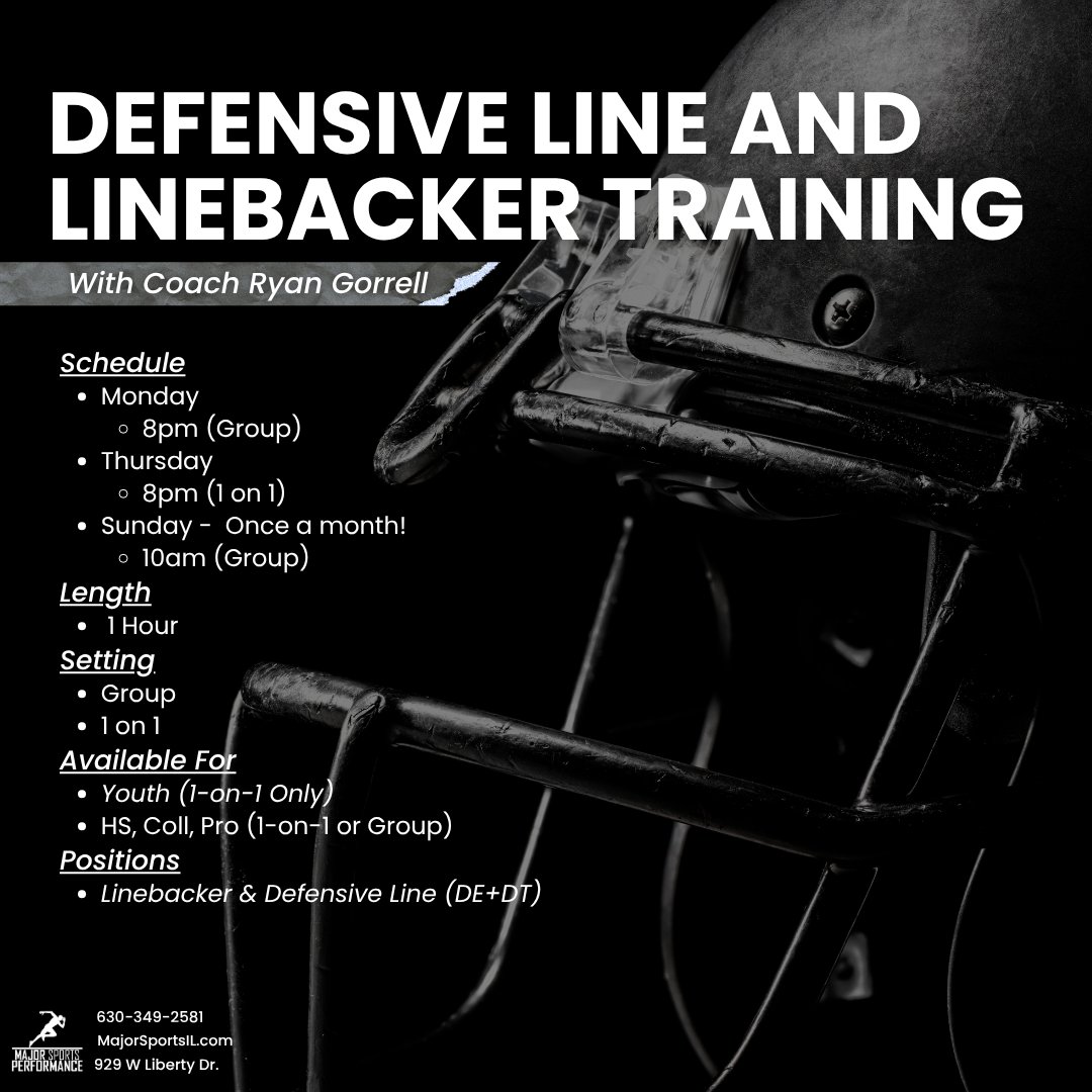 MajorSportsIL's tweet image. 🔥 Linebacker &amp;amp; Defensive Line Training with Coach Ryan Gorrell 🔥

🏈 Built for serious athletes—youth, high school, college, and pro!

📍 Wheaton, IL

💥 DM us or book now at MajorSportsIL.com/defense

#LinebackerTraining #DLTraining #WheatonIL