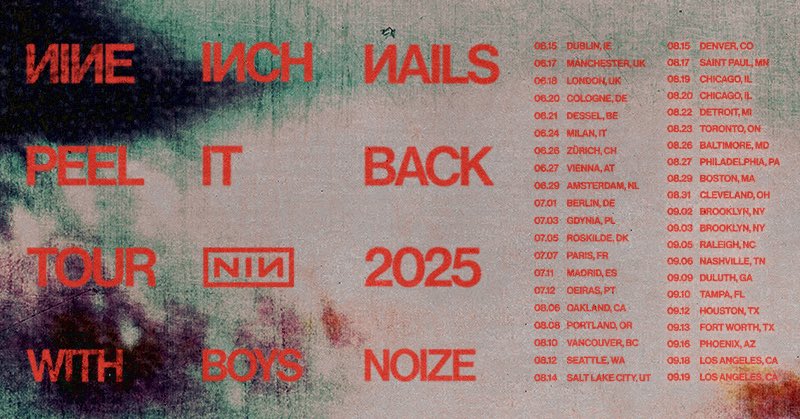 LiveNation's tweet image. Due to fan demand and overwhelming response to the European leg of the tour, limited view tickets for @nineinchnails – Peel It Back World Tour have been released.
🎟️ livemu.sc/4m2ZMWl
