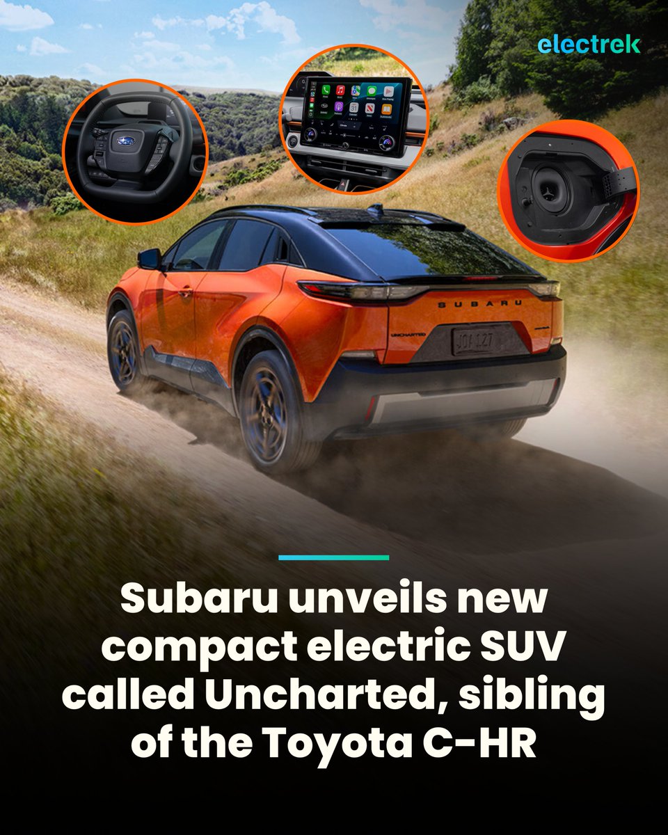 ElectrekCo's tweet image. Last night, Subaru launched its all-new compact AWD electric SUV, Uncharted (actual name).
With 300 miles of range, a NACS charge port, and a speedy 0-60 time of under 5 seconds, you could say that this is Subaru’s first modern EV, no offense to the rebadged Toyota BZ/Solterra……