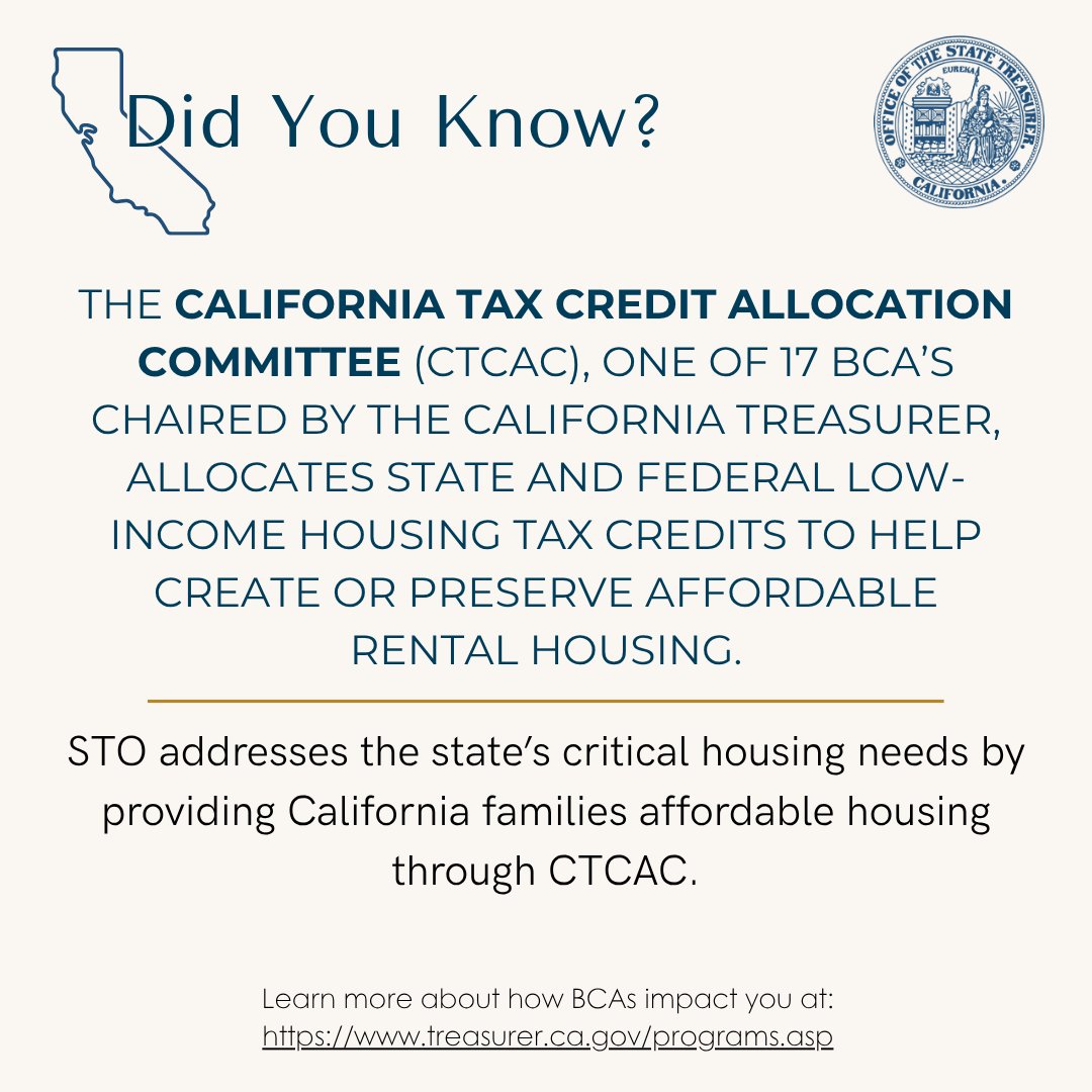 CalTreasurer's tweet image. Get to know the STO! The California Tax Credit Allocation Committee promotes private investment to help create or preserve affordable rental housing for lower income seniors, veterans, and families.