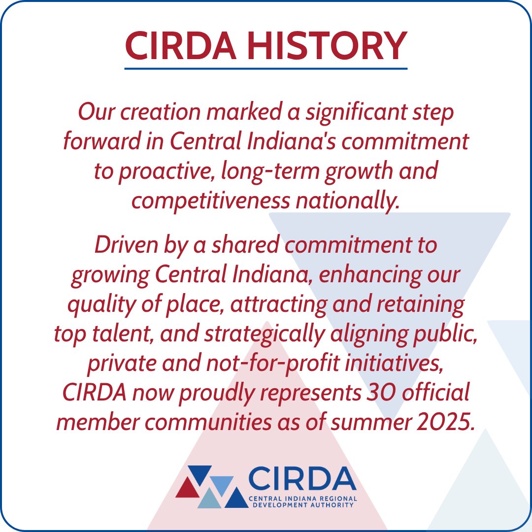 CIRDAIndiana's tweet image. What is now Indiana Code 36-7.7, CIRDA was established through bi-partisan legislation to create a more unified, strategically aligned, and developed region. Curious about our history? Visit our website to learn more about us!
Read more here: centralindianarda.org/about-cirda/
#CIRDA