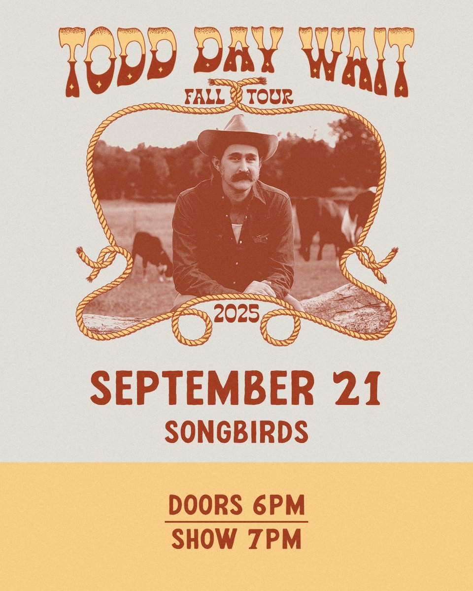 SongbirdsFound's tweet image. Todd Day Wait is coming to Songbirds on 9/21! ๐๏ธ๐ค Highly influenced by early American folk, country, & blues music, TDW puts his own modern troubadour spin on his original songs! Get your tickets today ๐ฅ
๐๏ธ eventim.us/todddaywait ๐๏ธ
Doors at 6 PM, Show at 7 PM
Seated Show