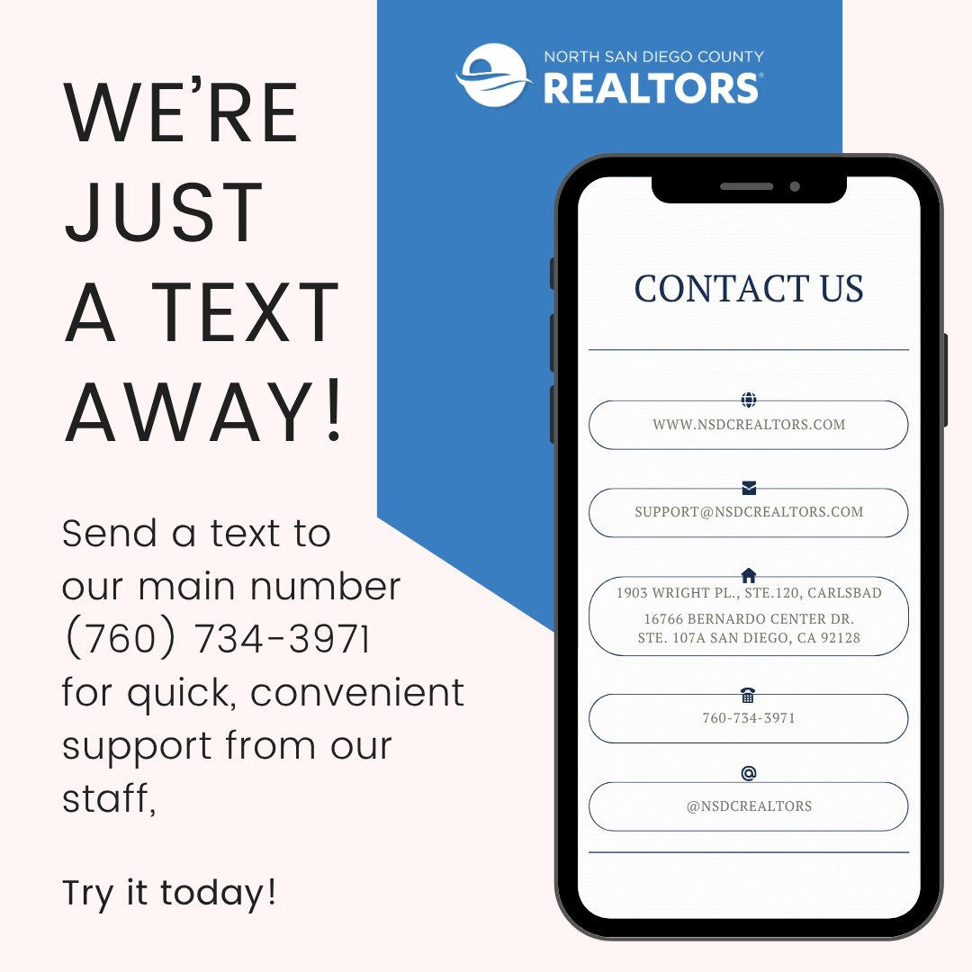 NSDCRealtors's tweet image. Need a quick answer? Just text us! 📲

You can now reach our staff by texting our main line during business hours. It&apos;s easy, convenient, and perfect for those on-the-go moments.

#NSDCRealtors #TextSupport #RealtorTools #HereToHelp #FriendsInRealEstate