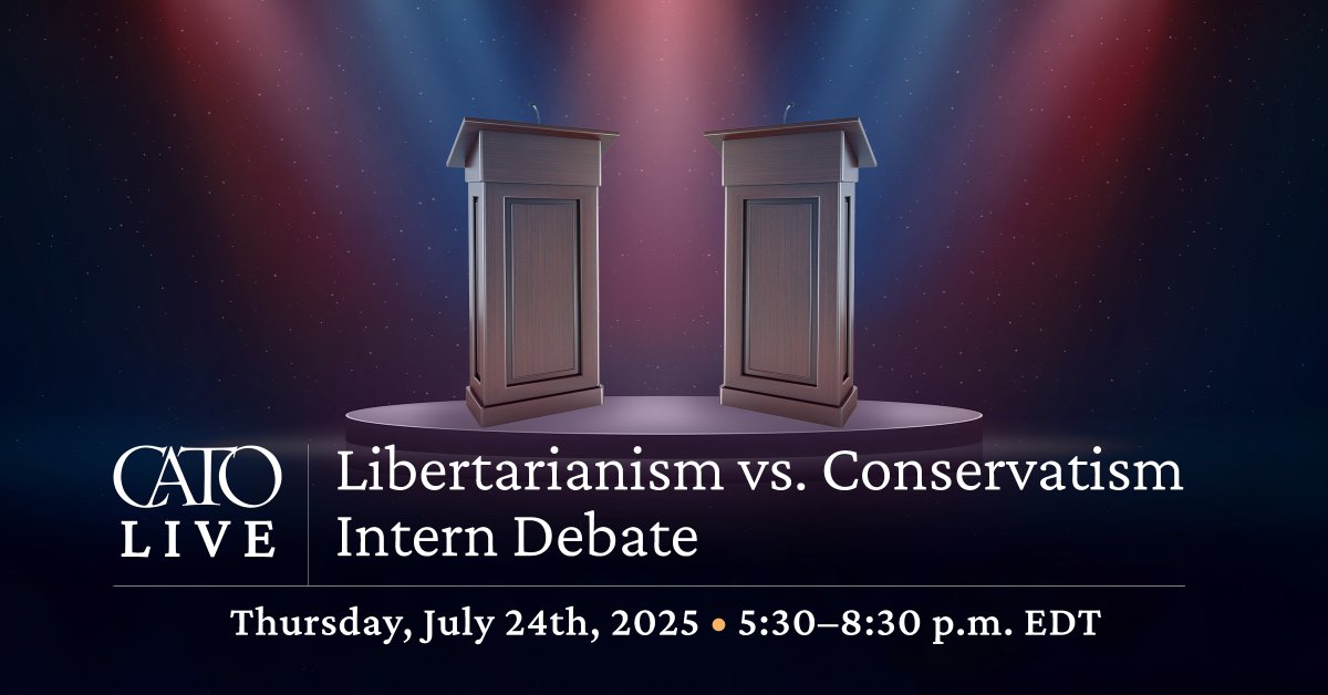 CatoInstitute's tweet image. Think libertarians and conservatives are the same? Think again.
Our interns will debate @Heritage interns on the policy issues that divide these distinct philosophies. Tune in for a battle of ideas! 👇cato.org/events/liberta…