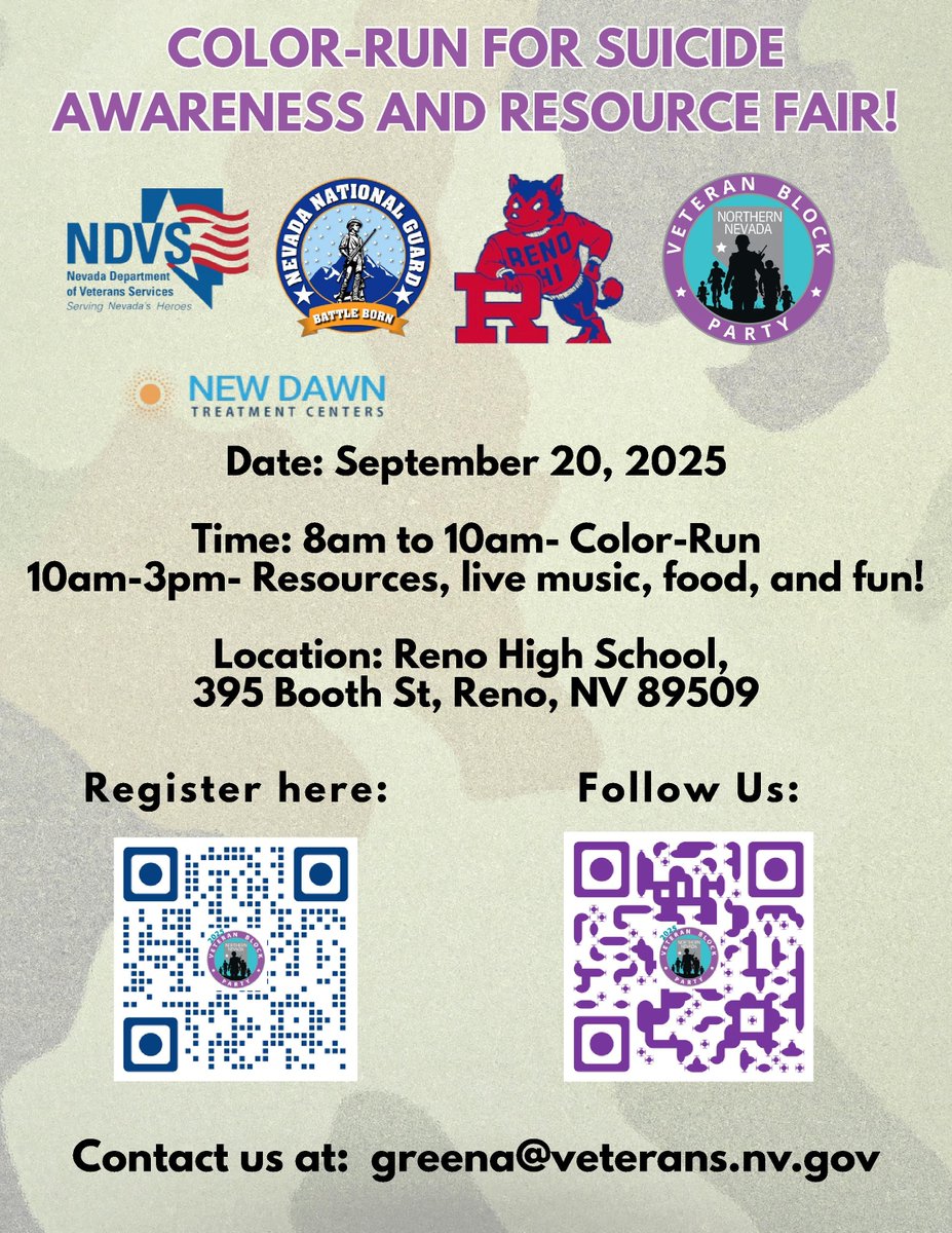 2025 Northern Nevada Veterans Block Party and Color Run on September 20th 

Get ready to celebrate our veterans in style with a colorful block party and run - it's gonna be a blast! 

Register HERE: eventbrite.com/e/2025-norther…