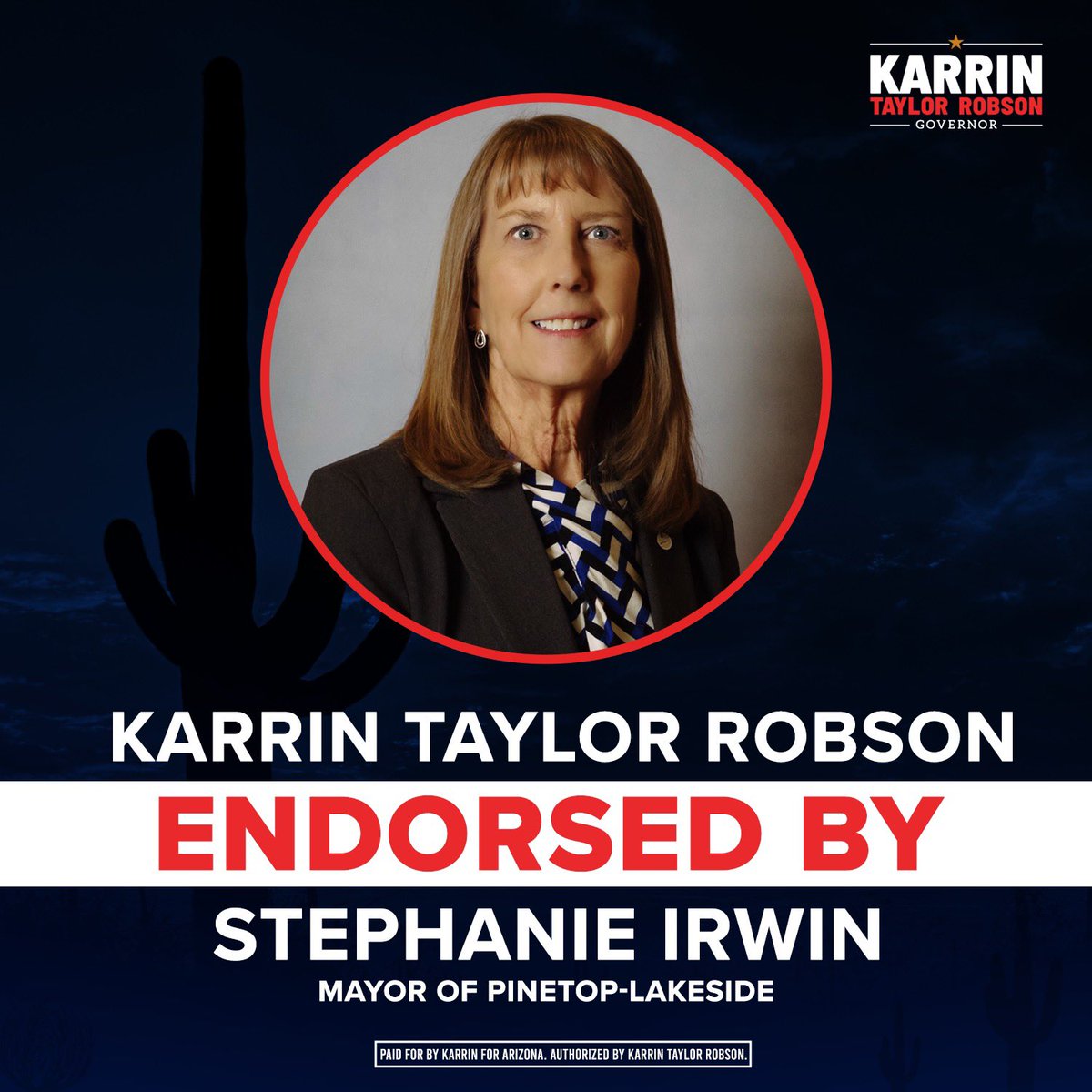 KTaylorRobson's tweet image. 🚨NEW ENDORSEMENT🚨

&quot;Karrin understands the needs of our small towns, supports rural economies, and will bring common sense back to our state government. I’m proud to support her for Governor.&quot; - Pinetop-Lakeside Mayor Stephanie Irwin